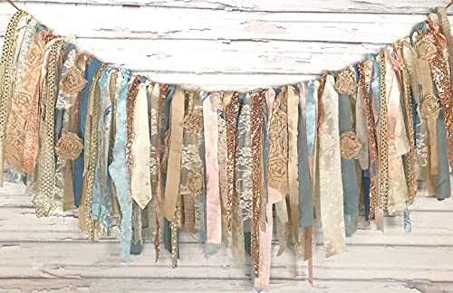 Slate Blue and Rose Gold Shabby Chic Rag Tie Garland - 5 Feet Wide Vintage Burlap Decor for Wedding, Baby Shower, Nursery, Birthday Party, Gender Reveal & Photo Shoot Backdrop - Perfect Wall Decor & Highchair Decoration