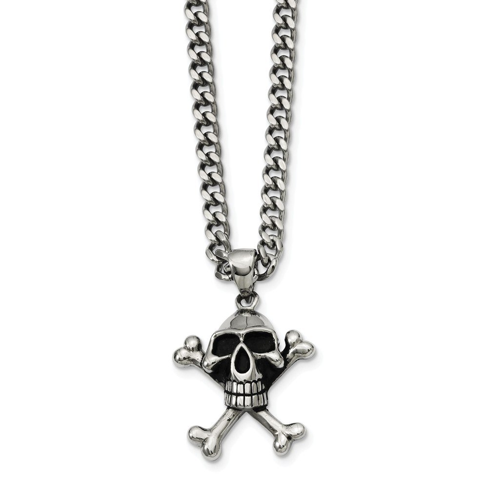 Vintage Stainless Steel Skull & Crossbones Pendant Necklace - 24 Inch Gothic Jewelry for Men & Women | Perfect for Halloween, Punk Fashion & Rocker Style Outfits