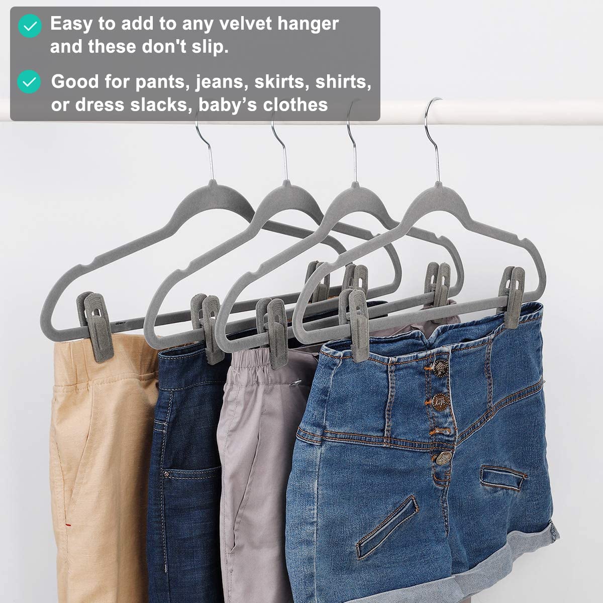 40 PCS Gray Non-Slip Velvet Hanger Clips - Skirt & Pants Hangers for Slim Velvet Hangers, Perfect for Closet Organization & Space Saving