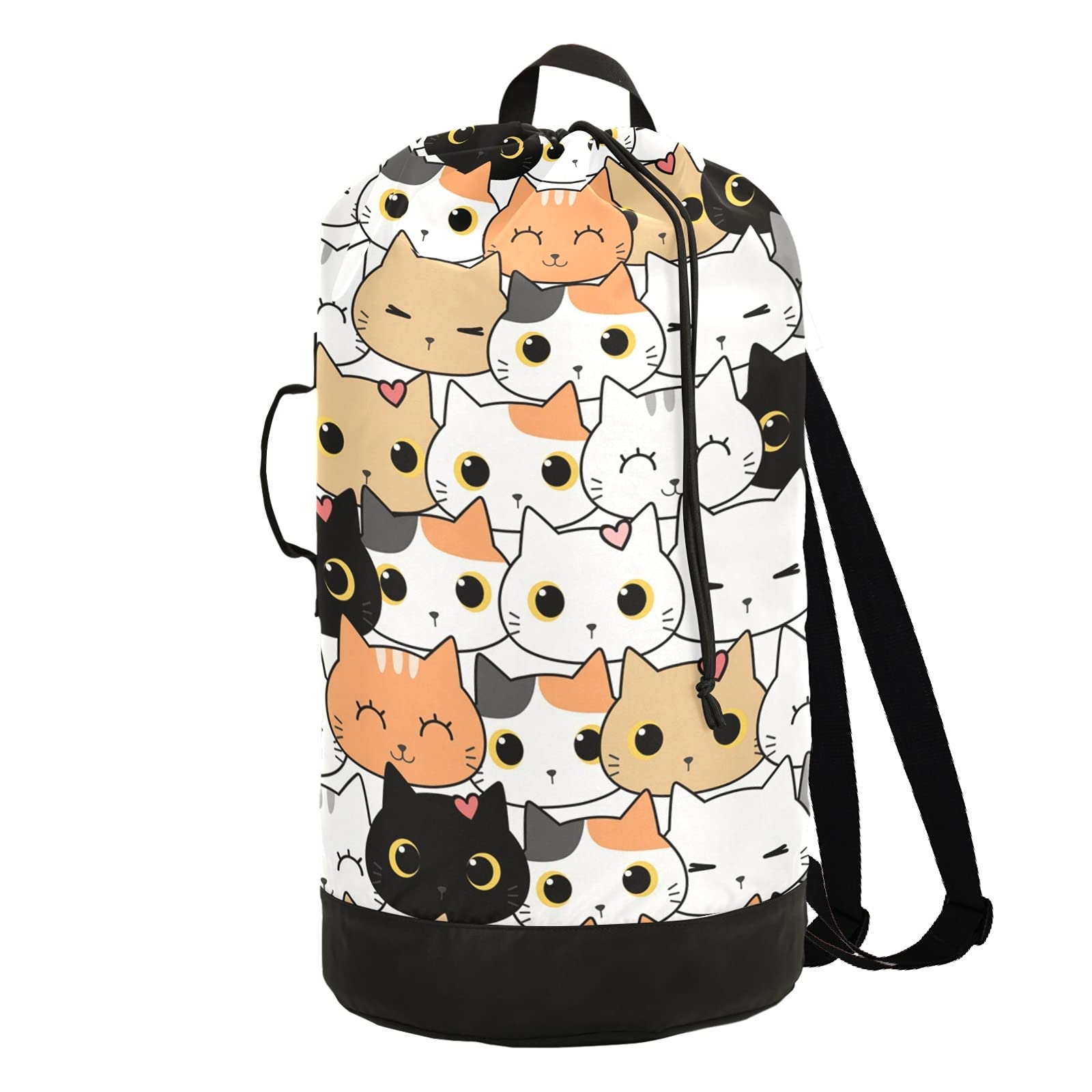 Large Heavy Duty Cat Cartoon Laundry Backpack - Waterproof Machine Washable Laundry Bag with Shoulder Straps for College Students, Camping & Travel | Cute Kitten Design for Dorms, Gym & Laundry Day