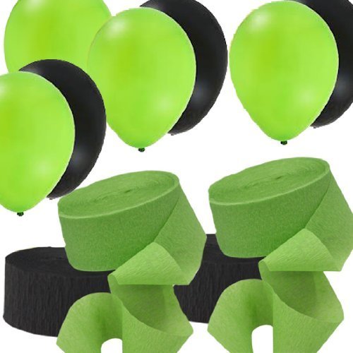 2 Green & 2 Black Streamer Rolls with 24 Balloons - Party Decorating Kit for Birthday, Baby Shower & Graduation Celebrations