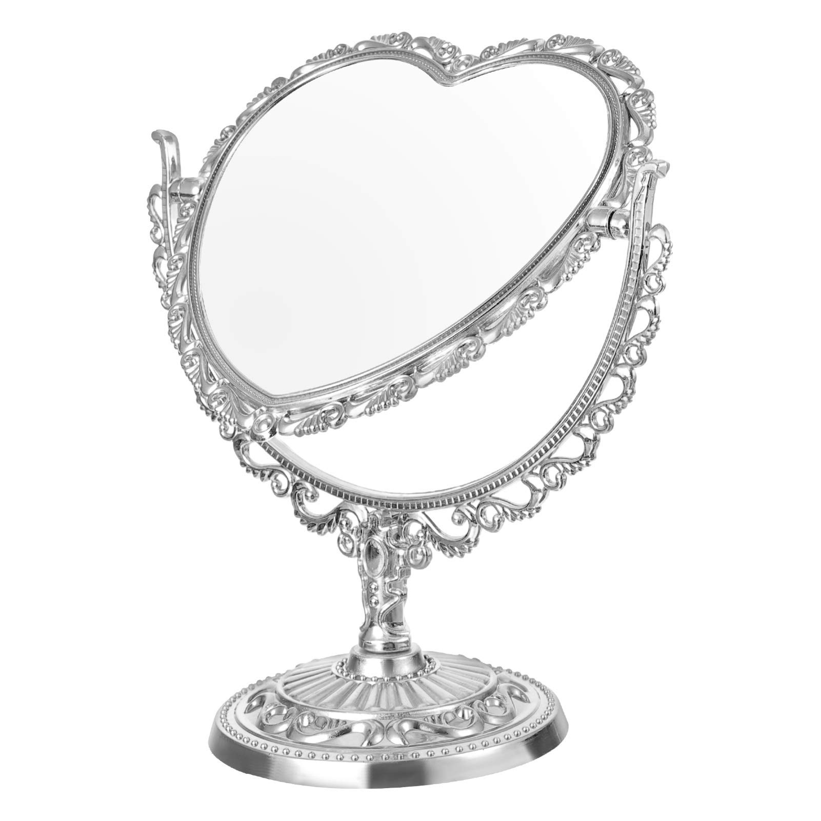 2-Sided Swivel Vanity Mirror with Heart Design - Silver Tabletop Makeup Mirror for Desk & Dresser | Double Face Princess Mirror for Beauty, Cosmetics & Home Decor (Perfect for Bedroom, Bathroom & Dressing Room)