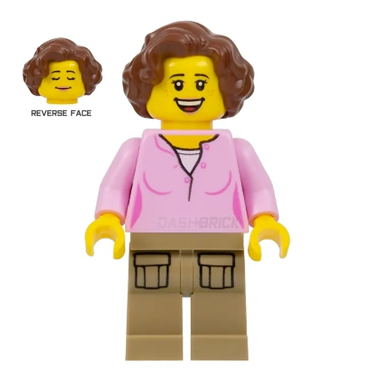 LEGO Minifigure Female Parent with Pink Shirt, Freckles & Dark Tan Legs - Perfect for Family Role Play, DIY City Scenes & LEGO Collectors