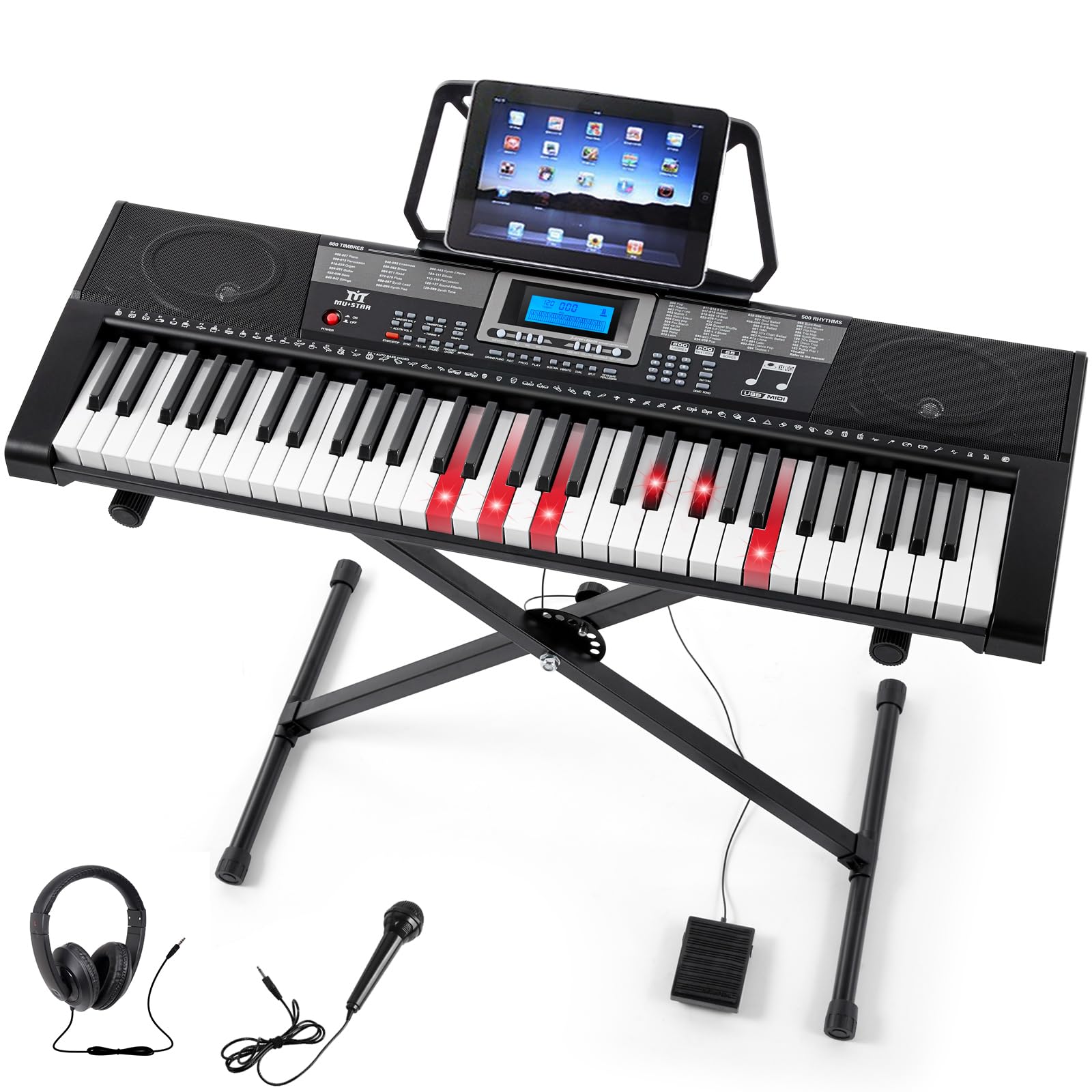 MUSTAR 61 Key Lighted Keyboard Piano - Portable Electric Piano with Stand, Sustain Pedal, Headphones & Microphone - Perfect for Beginners, Home Practice & Live Performances