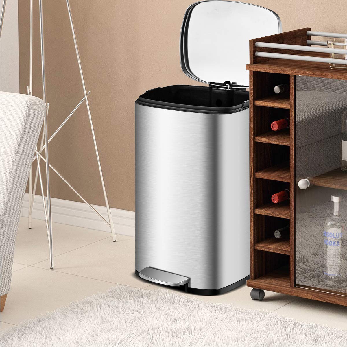 Goplus 13.2 Gallon/50L Stainless Steel Touchless Trash Can with Step-On Pedal, Soft-Close Lid & Fingerprint-Resistant - Perfect for Kitchen, Living Room & Home Office Waste Disposal