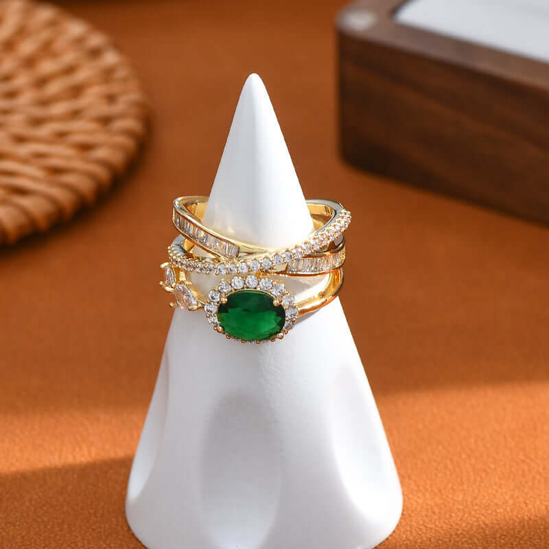 Emerald Green CZ Layered Cross Stacking Ring Set for Women | Elegant Jewelry Gift for Christmas, Birthday & Anniversary | K4205