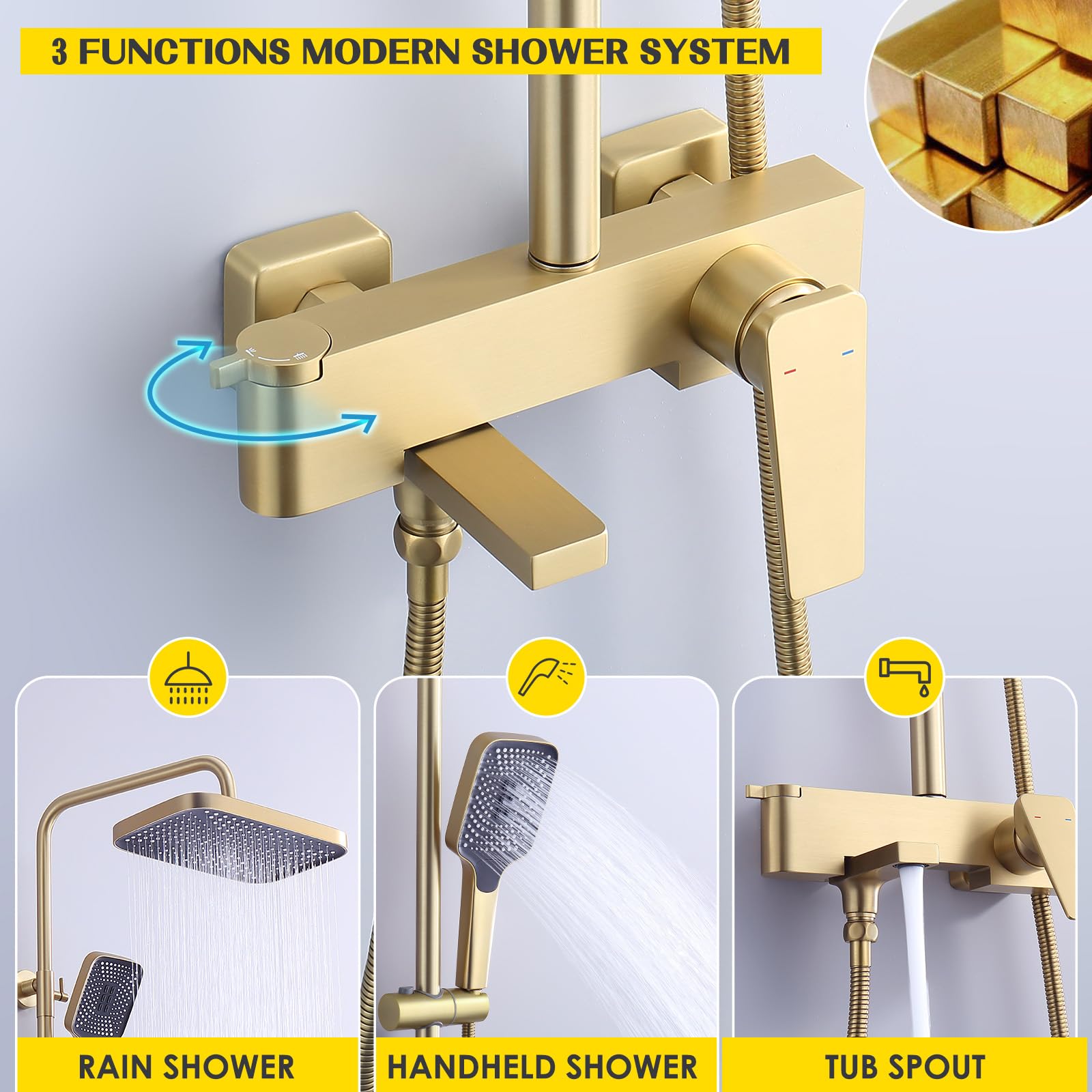 12 x 8 Inches Rain Shower Head with Brushed Gold Exposed Pipe - 3 Function Tub Shower Faucet Set with Handheld Sprayer | Luxury Overhead Shower System for Bathroom Remodel & Spa Experience