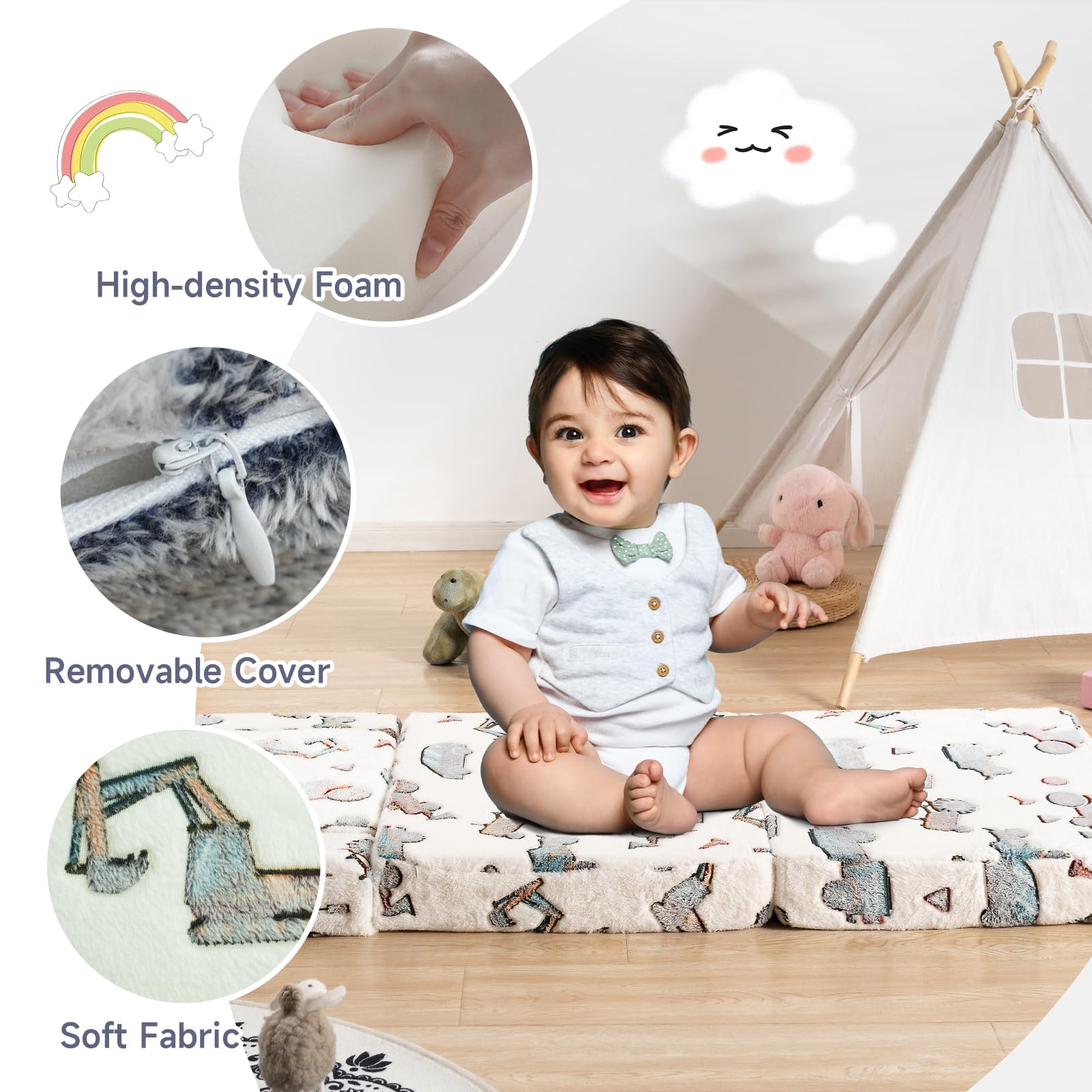 MAXYOYO 2-in-1 Toddler Couch & Kids Folding Sofa - Glow in The Dark Children's Furniture with White Car Design - Perfect Gift for Boys & Girls - Ideal for Playroom, Bedroom or Nursery Decor