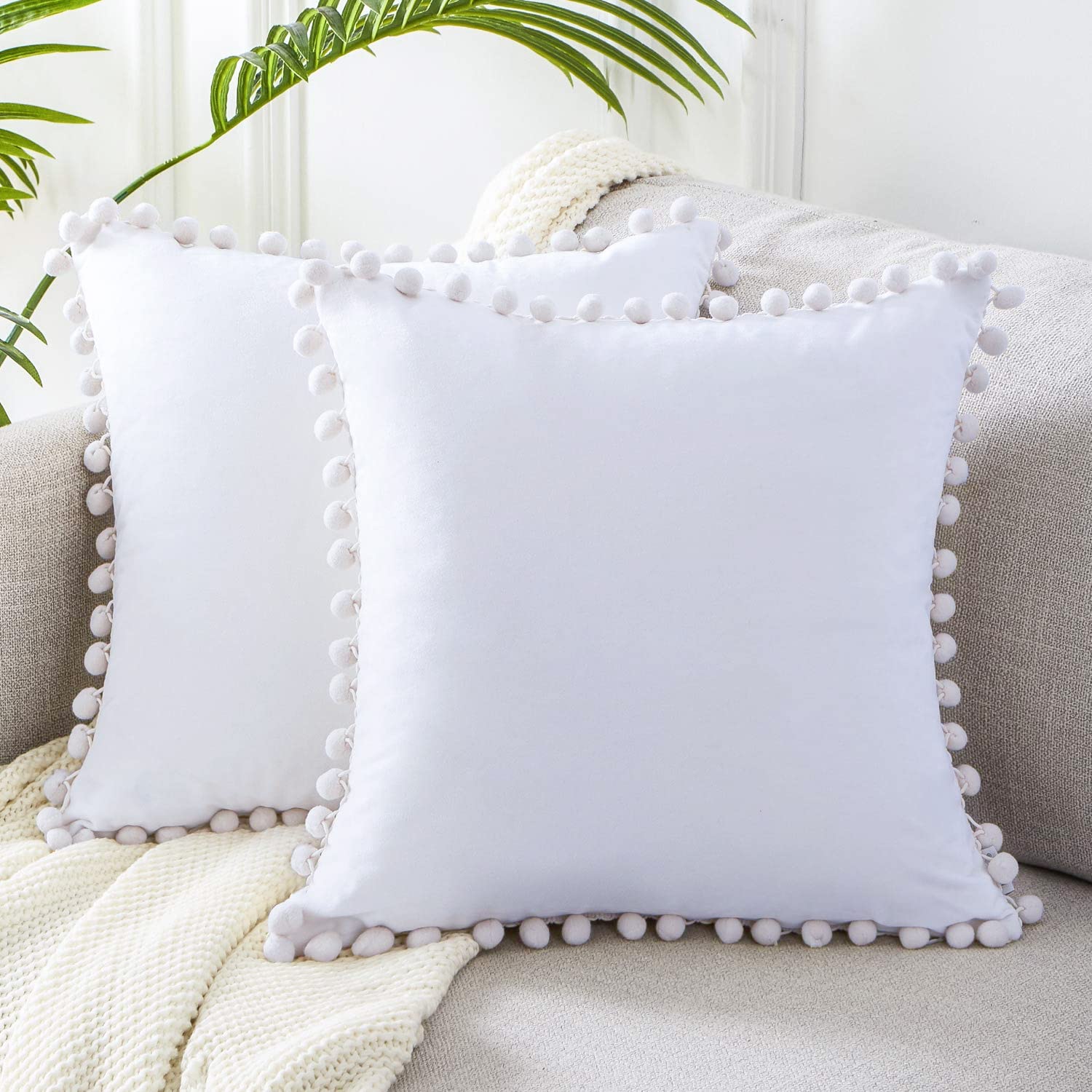 Luxury Velvet Throw Pillow Covers Set of 2 - 20x20 Inch Square Decorative Cushion Covers with Tassels, Soft Pure White for Sofa, Bed & Car - Modern Aesthetic Home Decor for Living Room, Bedroom & Office
