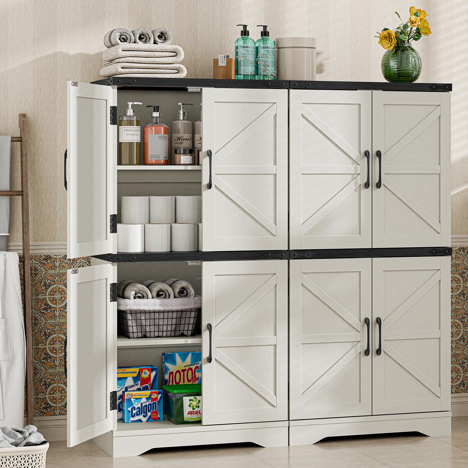 Rustic Farmhouse Bathroom Floor Storage Cabinet with Adjustable Shelves - Organizer for Bathroom, Kitchen & Living Room - Perfect for Small Space Storage and Home Decor