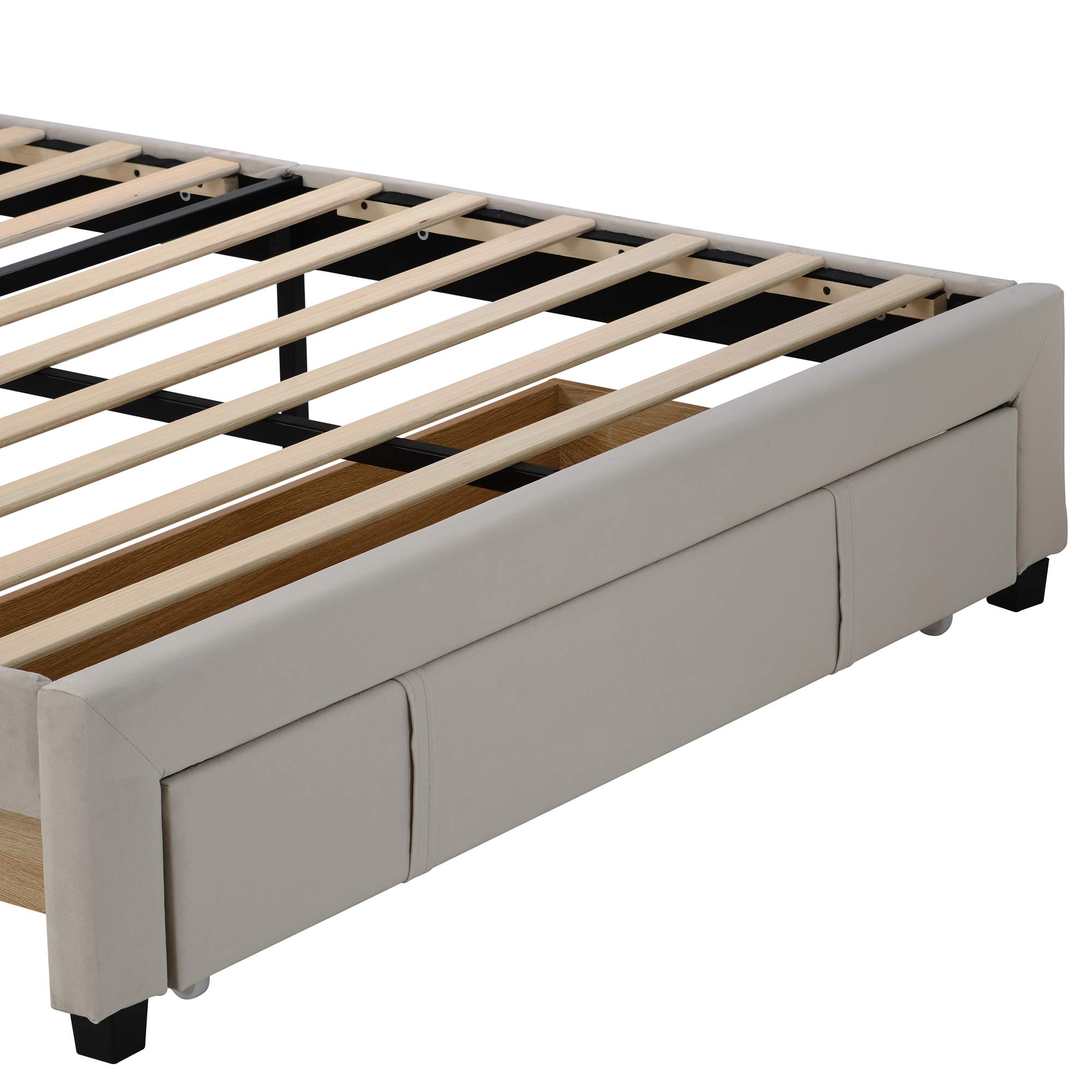 Elegant Queen Platform Bed with Storage - Velvet Headboard & Wood Slats for Bedroom (Beige)