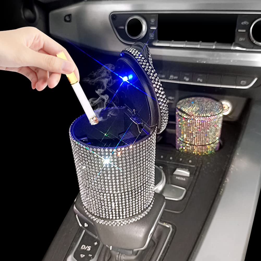 Bling Rhinestone Car Cup Holder Ashtray - Smokeless Portable Car Cigarette Ashtray with LED Light, Multi-Purpose Car Trash Can for Smoking - Perfect for Car, Home & Travel Use