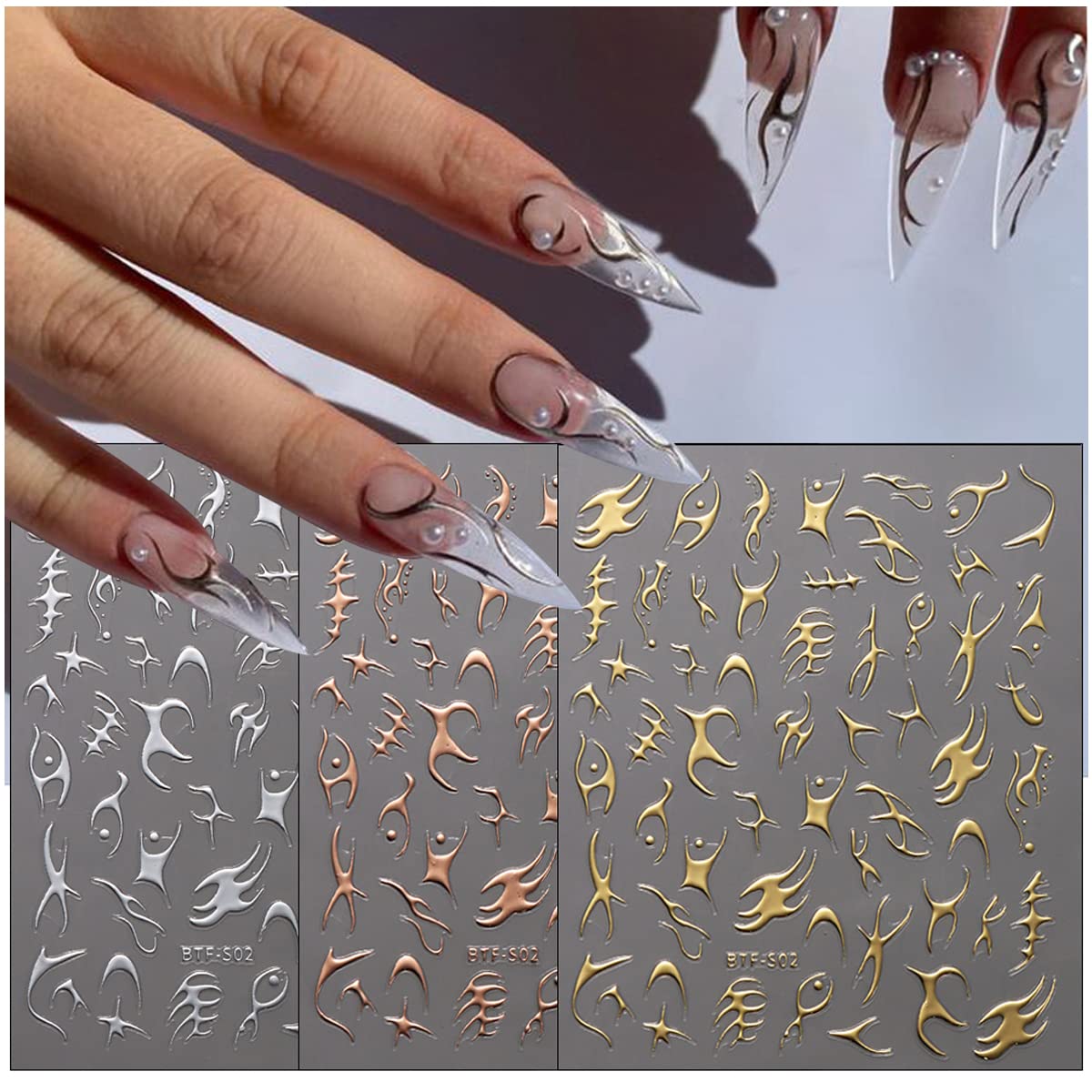 3D Gold & Silver Fish Bone Nail Art Stickers - Holographic Stripe Graffiti Design, Champagne Gold Geometric Nail Decals (6 Pcs) - Perfect for Manicures, French Nails & DIY Nail Art Decorations