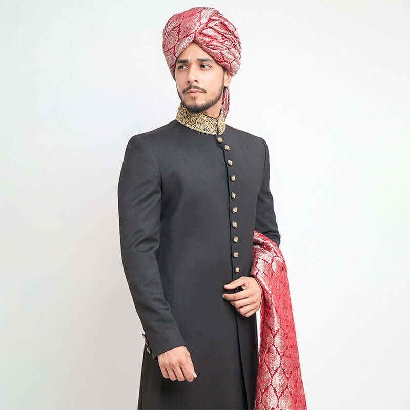 Premium Jet Black Sherwani Suit - 130's Form Fitted Men's Wedding Attire with Zardozi Embroidered Collar | Elegant Indian Groom Wear for Weddings, Festivals & Special Occasions