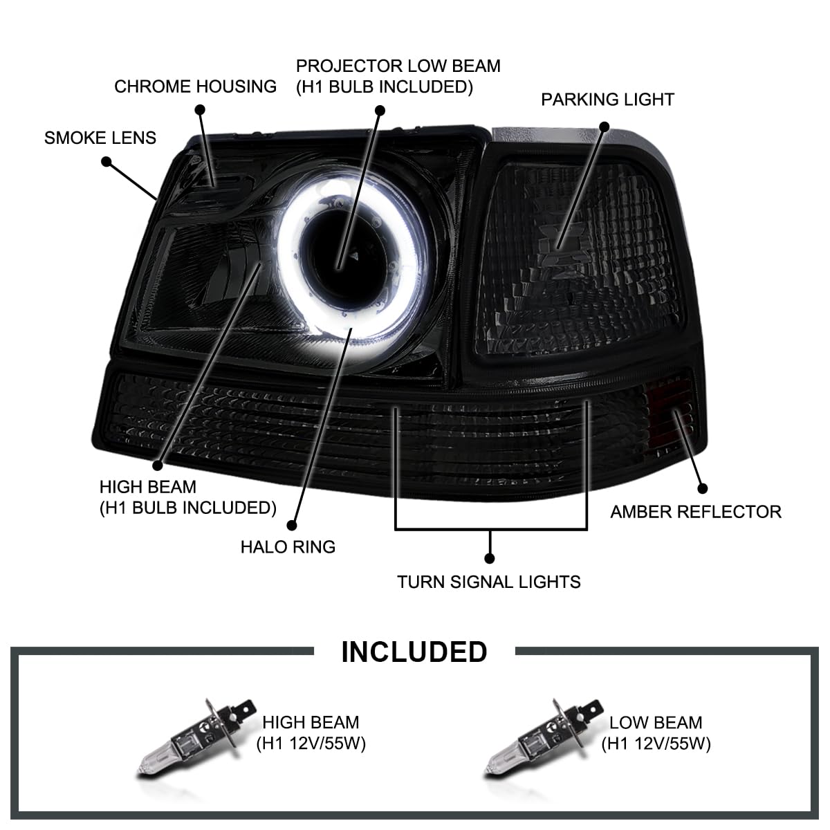 Spec-D Tuning Smoke Halo Ring Projector Headlights + Smoke Corner Lights for 1998-2000 Ford Ranger - Left & Right Pair Headlamp Assembly - Upgrade Your Truck's Style & Night Visibility for Off-Road & Street Driving