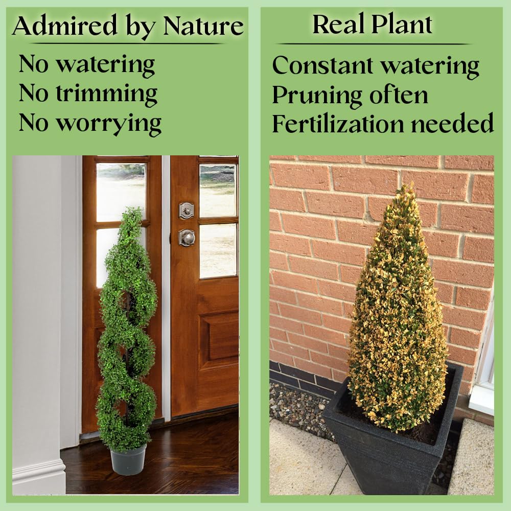 Admired By Nature 2-Pack 5' Artificial Boxwood Spiral Topiary Trees in Plastic Pots - Realistic Green Faux Plants for Indoor & Outdoor Decor, Home, Office, Garden, and Patio