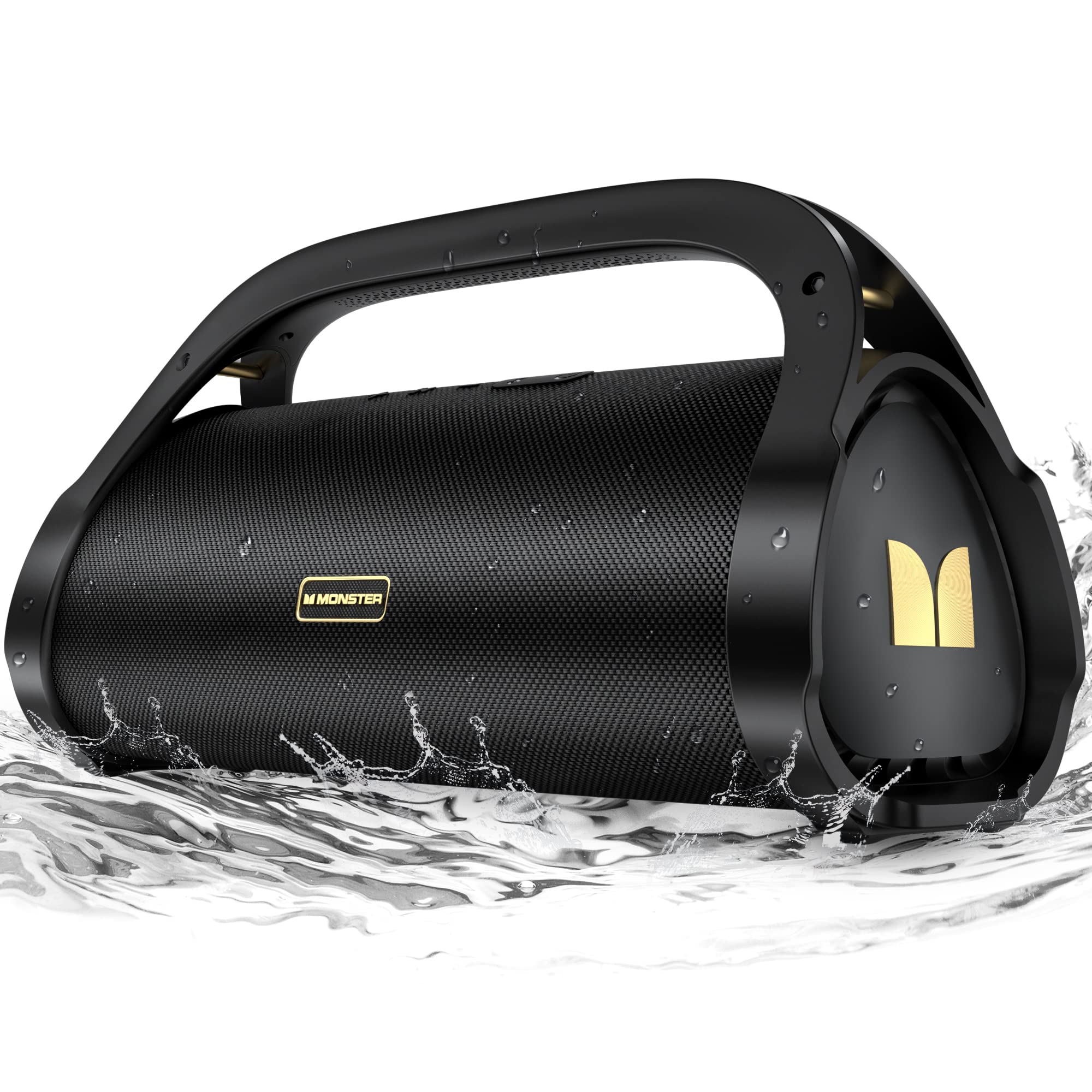 Monster Adventurer Max Portable Bluetooth Speaker - IPX7 Waterproof Wireless Speaker with Dual Subwoofers & 100W Stereo Sound | 24H Playtime for Outdoor, Pool, Beach, Camping, Hiking, Parties | Rich Bass Gold Speaker