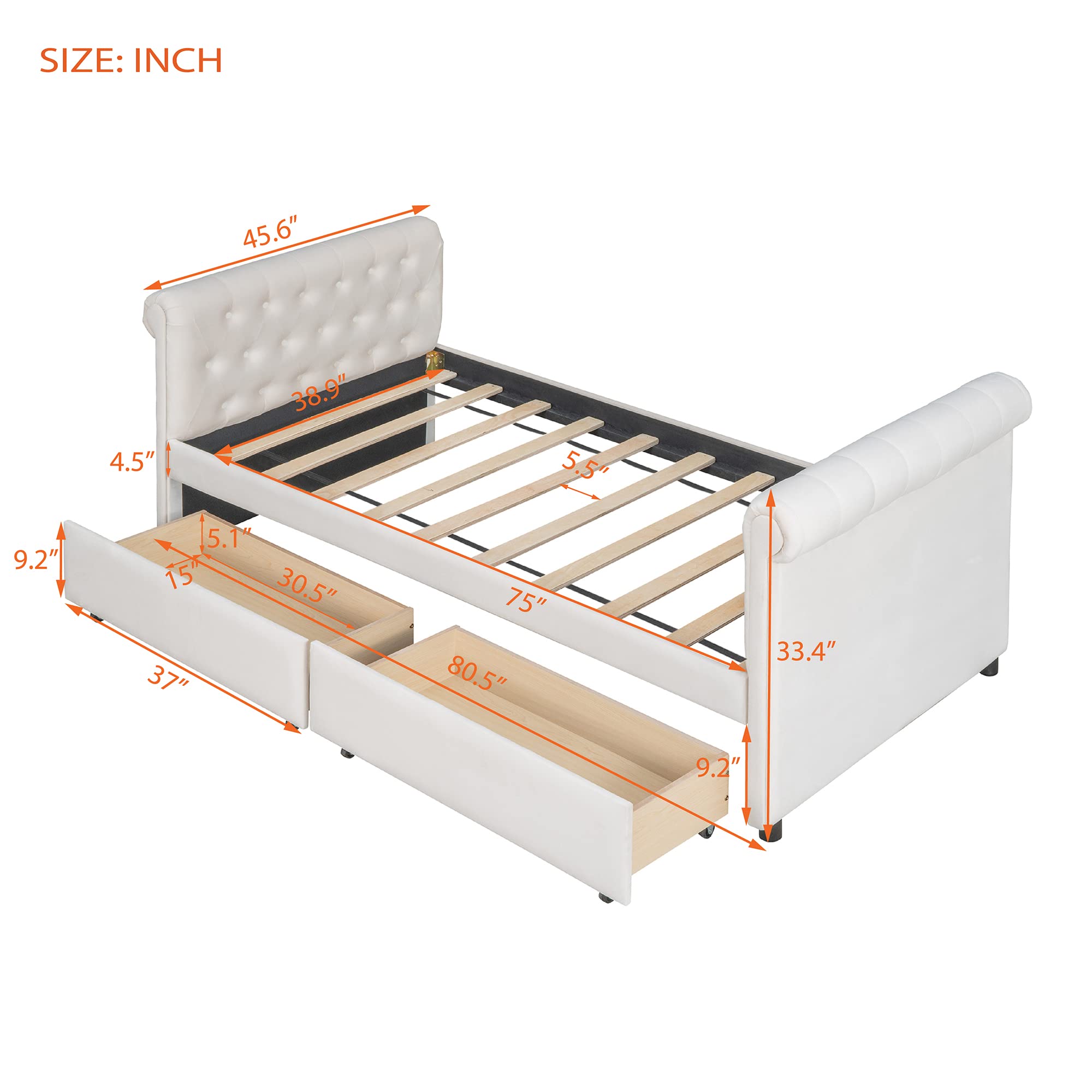 Twin Size Upholstered Daybed with 2 Storage Drawers & Tufted Sofa Bed - Wood Frame Beige for Guest Room, Small Space & Multi-Functional Furniture