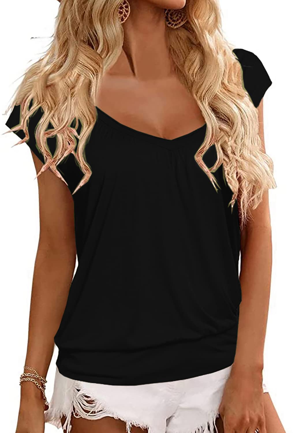 Veatzaer Women's V-Neck Cap Sleeve T-Shirt - Summer Casual Loose Fit Banded Bottom Basic Top for Everyday Wear, Outings & Layering