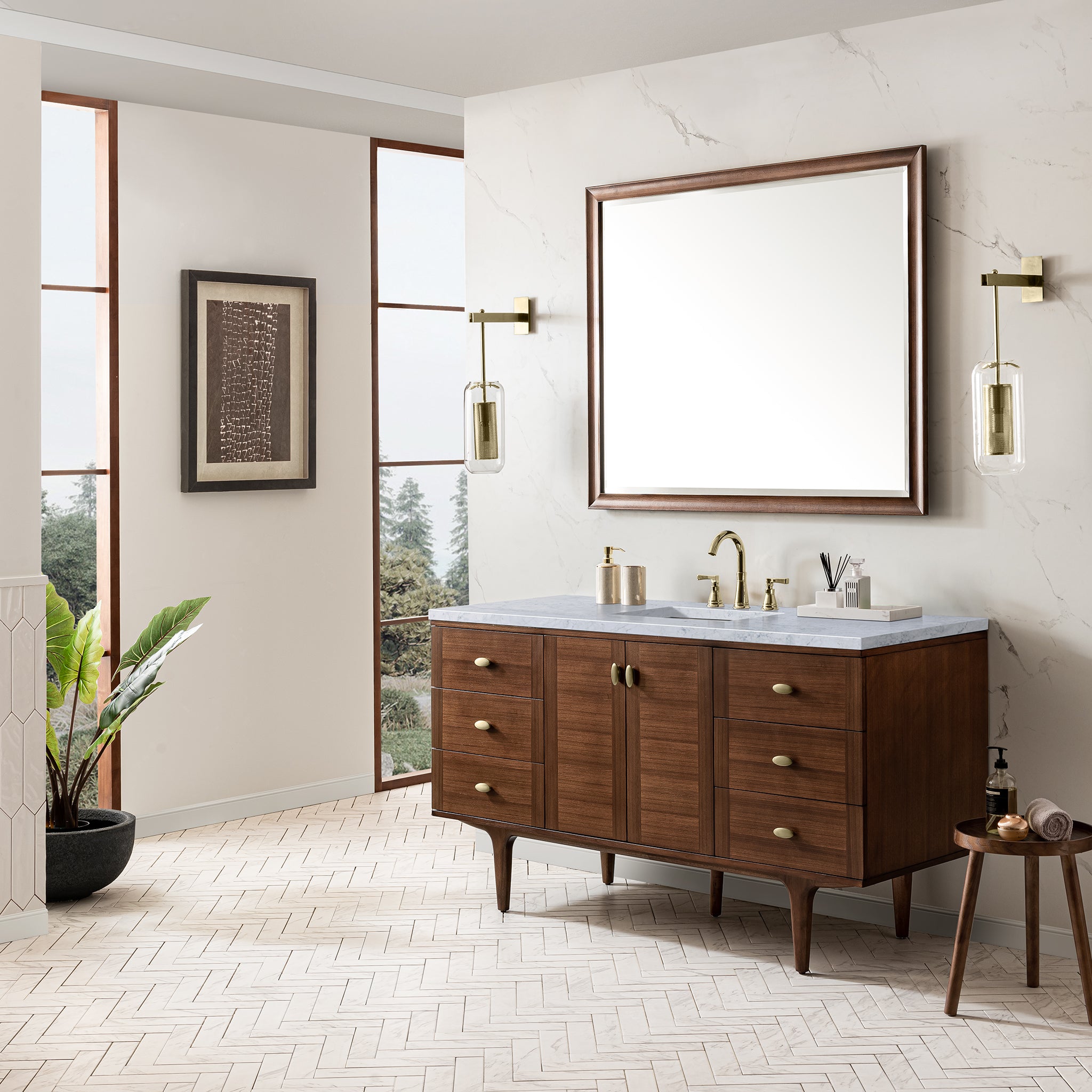 Amberly 60 Inch Single Bathroom Vanity with Carrara Marble Top - Mid Century Modern Walnut Vanity for Small Bathrooms - Perfect for Master Bath, Guest Bath & Powder Room Remodeling