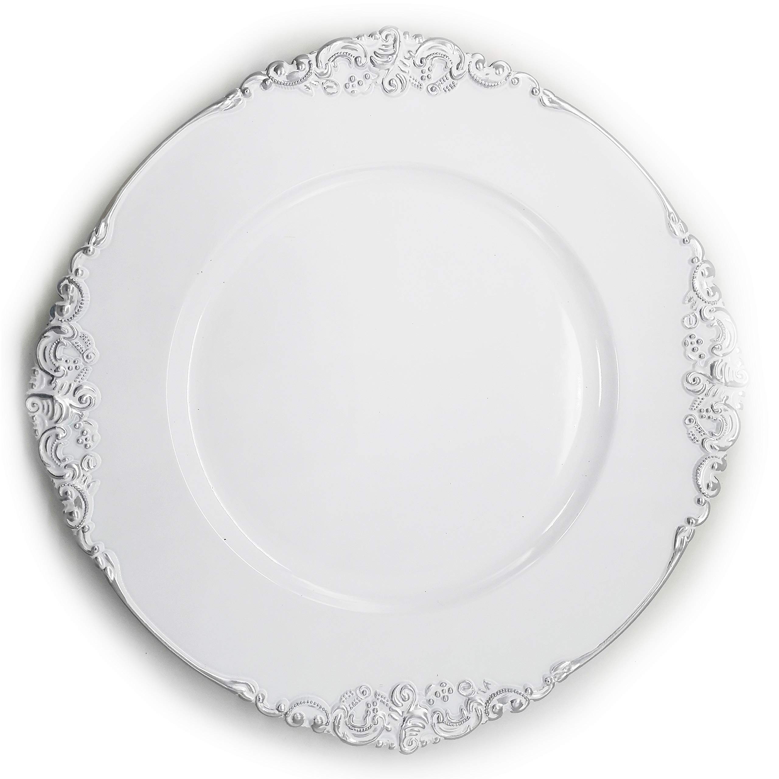 Allgala 13-Inch 48-Pack Premium Round Charger Plates - Floral White with Silver Trim (HD80842) - Elegant Dinnerware for Weddings, Parties & Formal Events
