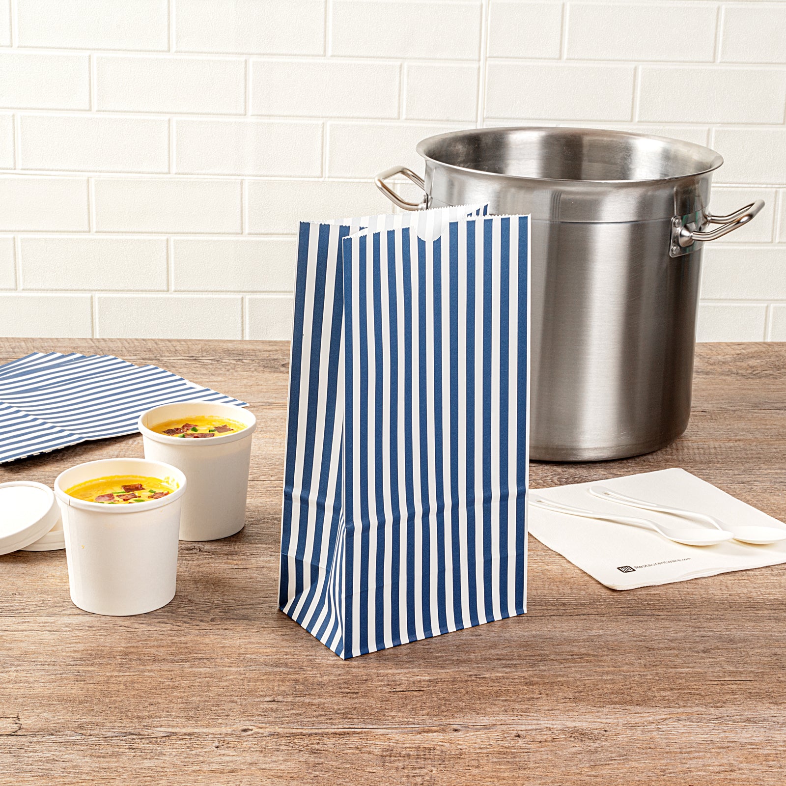 Blue and White Striped Paper Bags - 6 lb Capacity, 6 x 3.5 x 10.75 Inches - Pack of 100 - Perfect for Retail Shopping, Gift Wrapping & Party Favors