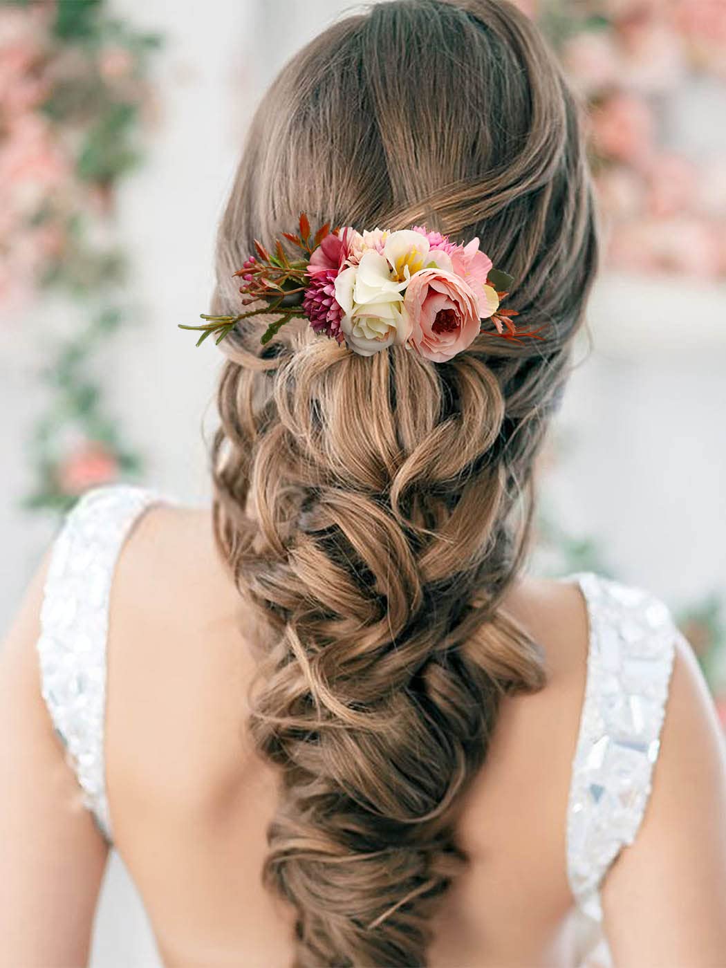 Elegant White Floral Bridal Hair Comb with Rose & Leaf Design - Wedding Hair Accessories for Women & Girls (Pink) | Perfect for Bridal Showers, Weddings & Special Occasions