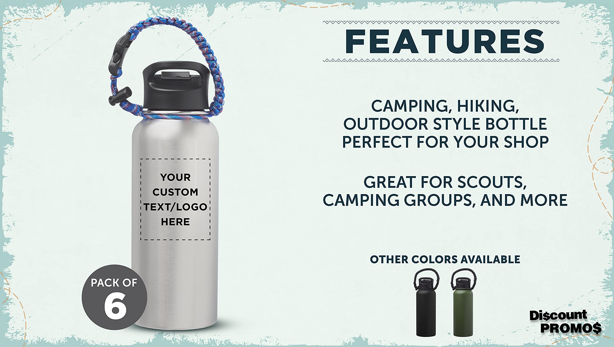 6 Pack 34oz Stainless Steel Water Bottles with Strap - Vacuum Insulated Double Wall Thermos - Custom Text & Logo Engraving - Silver - Perfect for Gym, Hiking, Office & Outdoor Activities