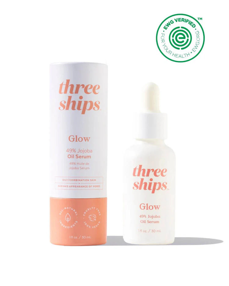Three Ships Glow 49% Jojoba Oil Serum 30ml - Hydrating Facial Oil for Glowing Skin - Perfect for Dry Skin Care & Nighttime Routine
