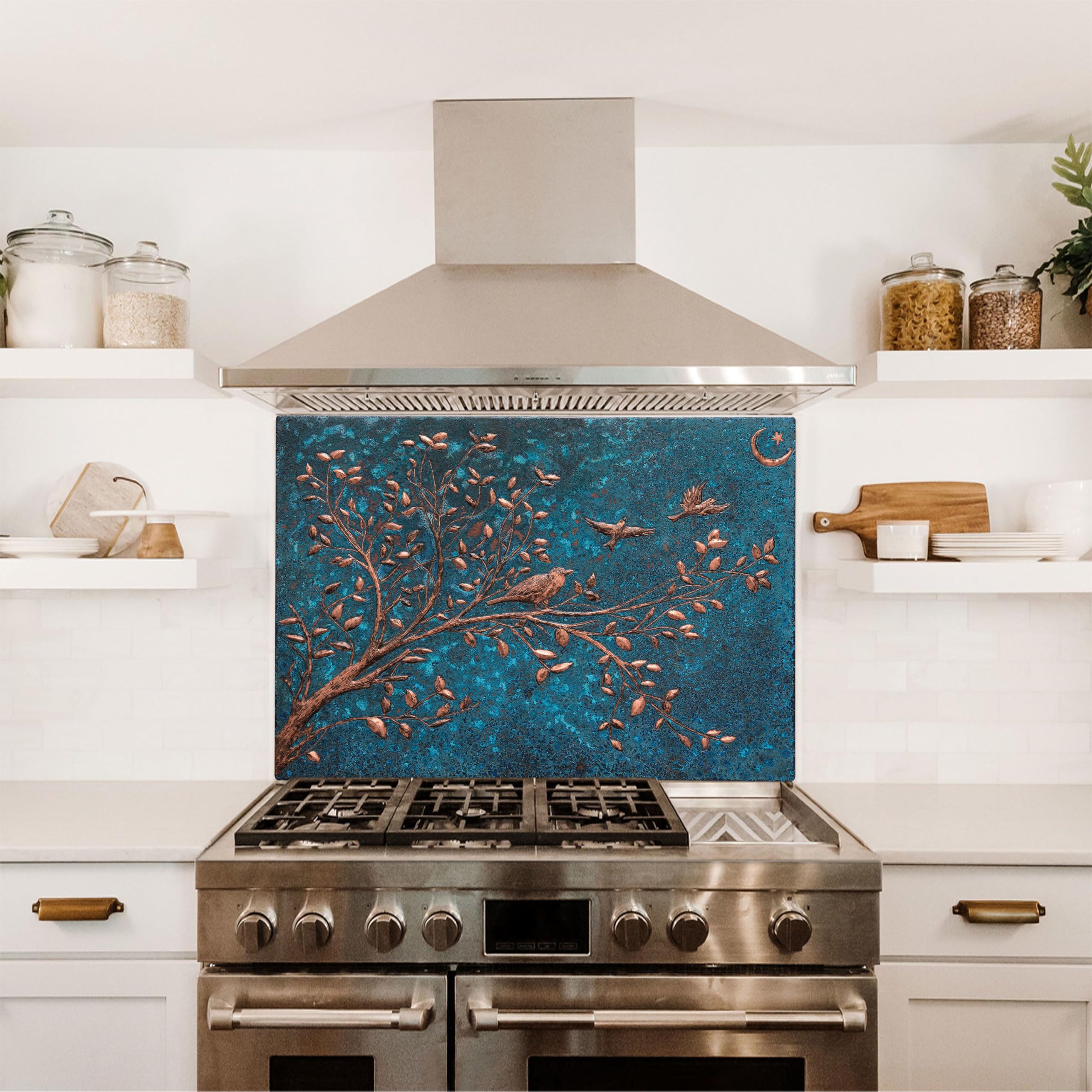 Handmade Customizable Copper Backsplash Panel - Tree Branches & Crescent Star Design for Kitchen Wall Decor, Indoor & Outdoor Use (Blue) | Durable & Stylish Backsplash Tile for Modern & Rustic Kitchens