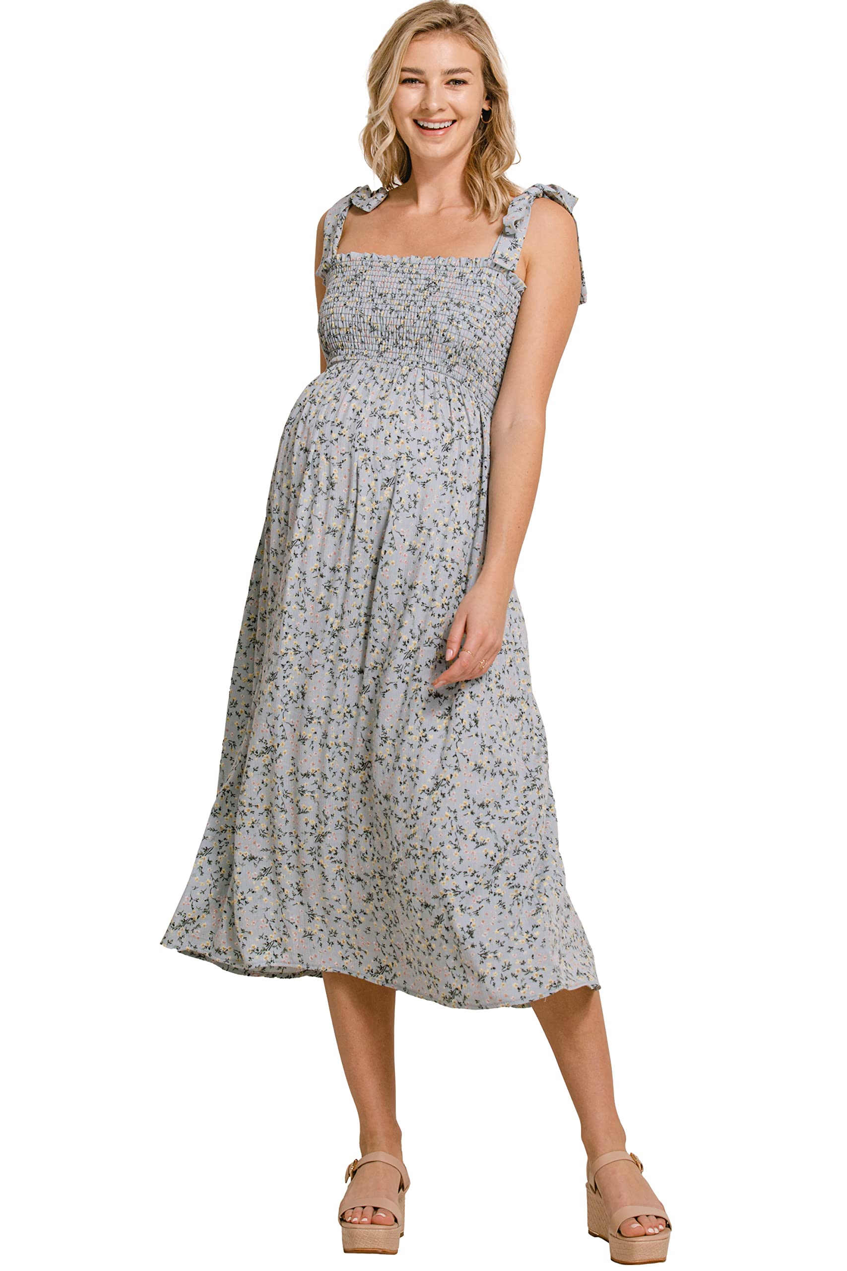 Women's Smocked Maternity Dress - Flowy Midi Length, Breathable Cotton, Pregnancy & Nursing Friendly - Perfect for Baby Showers, Maternity Photos & Everyday Wear