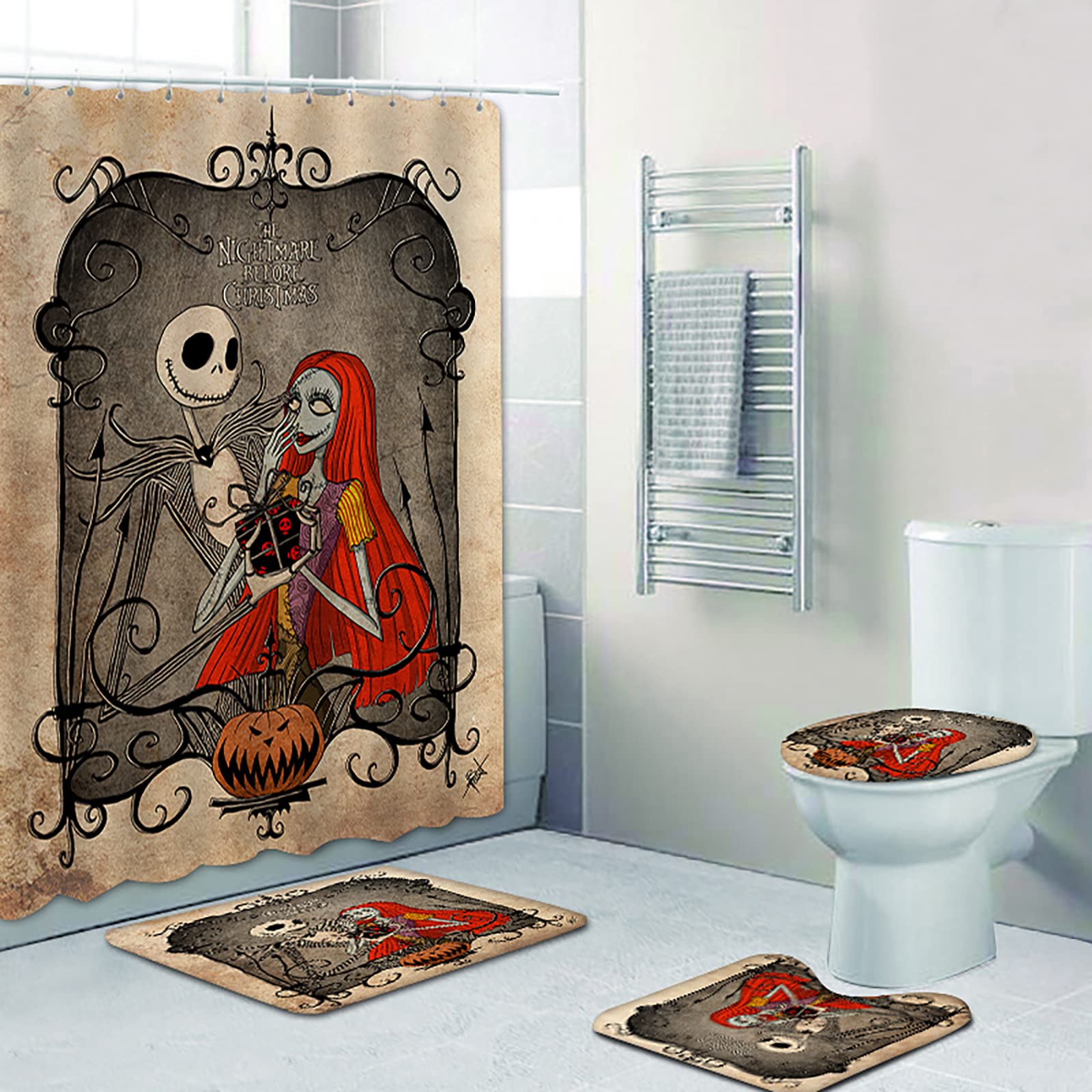 NEWSUYAA Halloween Shower Curtain Set with Non-Slip Bath Rugs & 12 Hooks - Waterproof Bathtub Decor for Spooky Bathroom Makeover | Perfect for Halloween Party Decorations & Themed Bathroom