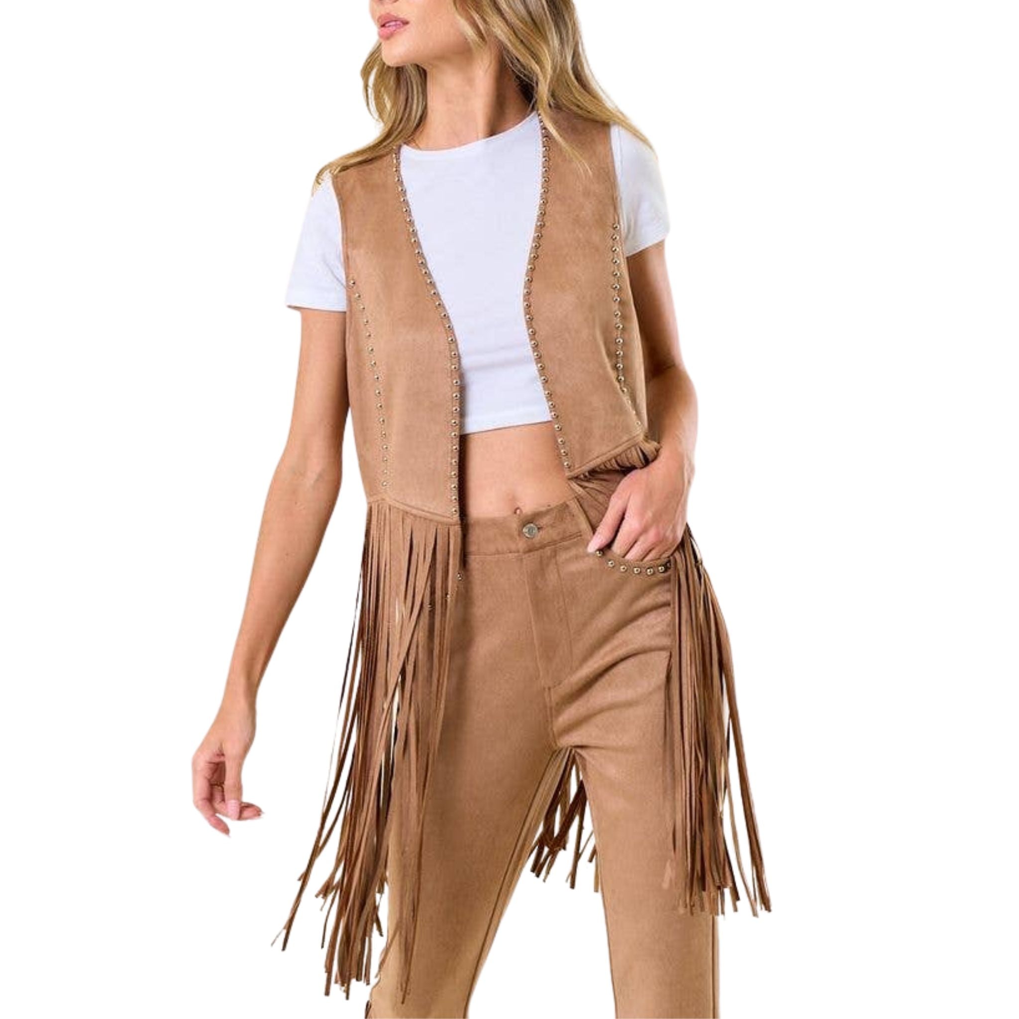 Stylish Tan Studded Long Fringe Faux Leather Vest for Women - Perfect for Biker Chic Outfits, Rock Concerts & Edgy Streetwear Looks