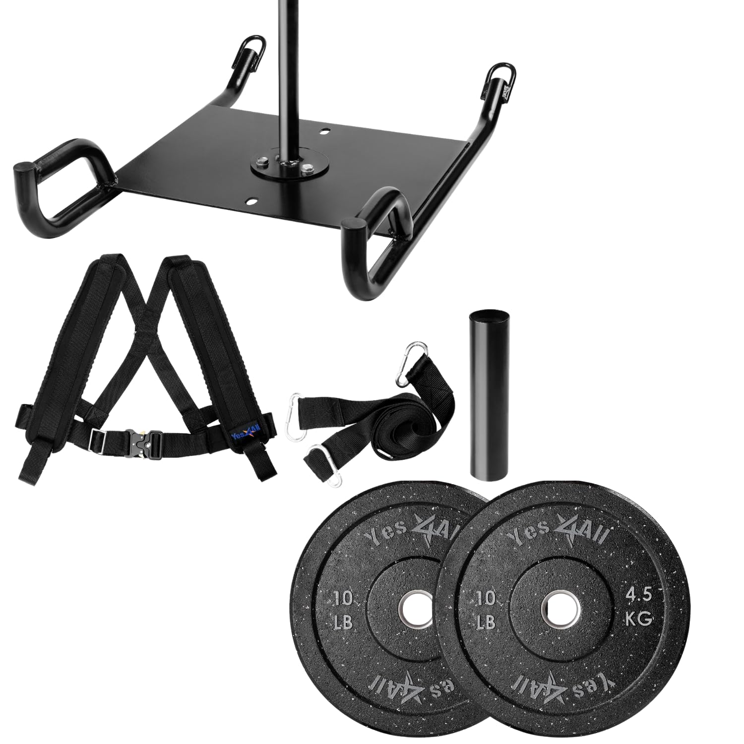 Yes4All Weighted Training Pull Sled with Vest & Steel Buckle - Compatible with 1-2 Inch Weight Plates - Heavy Duty Sled Workout Equipment for Athletic Training, Speed Drills & Strength Building - Perfect for Football, Track & CrossFit Training