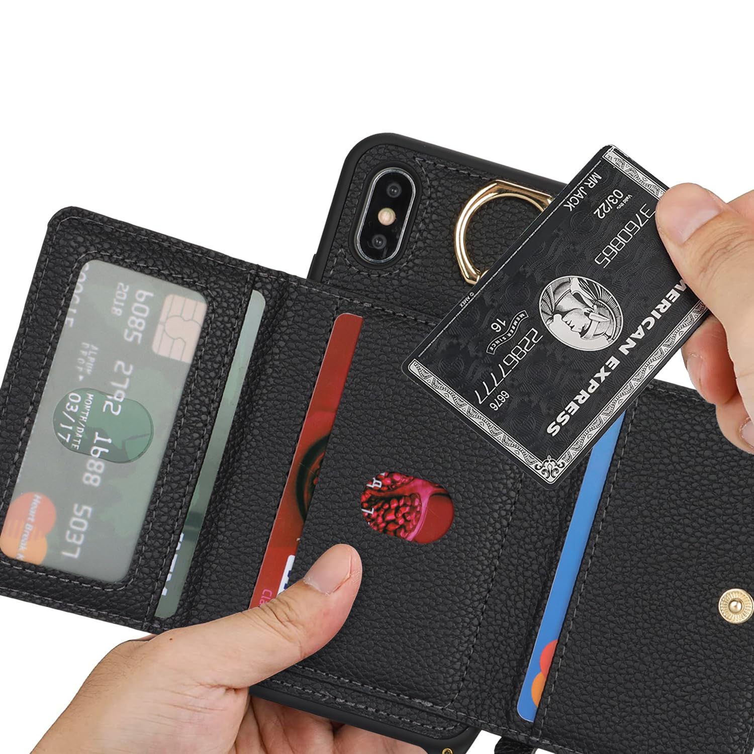 Premium PU Leather iPhone X/Xs Wallet Case with Card Holder, Crossbody Strap & Stand Ring - Secure Zipper Pocket for Cards & Cash - Stylish & Functional Phone Case for Women - Perfect for Travel, Shopping & Daily Use (Black)