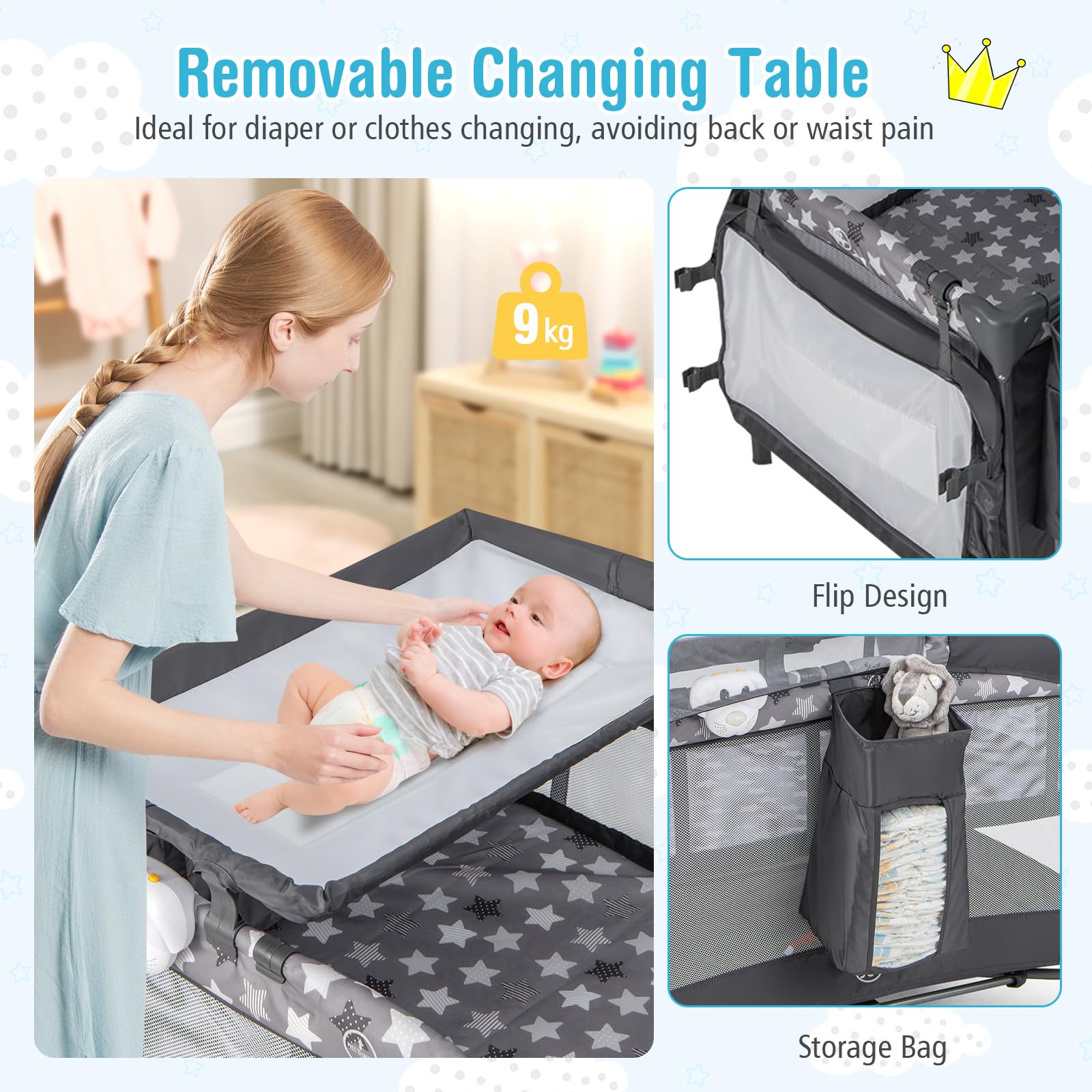 BABY JOY 4-in-1 Portable Playard with Bassinet, Changing Table & Music Box - Adjustable Canopy, Lockable Wheels - Travel Crib for Newborn to Toddler - Perfect for Nursery, Daycare & Family Trips