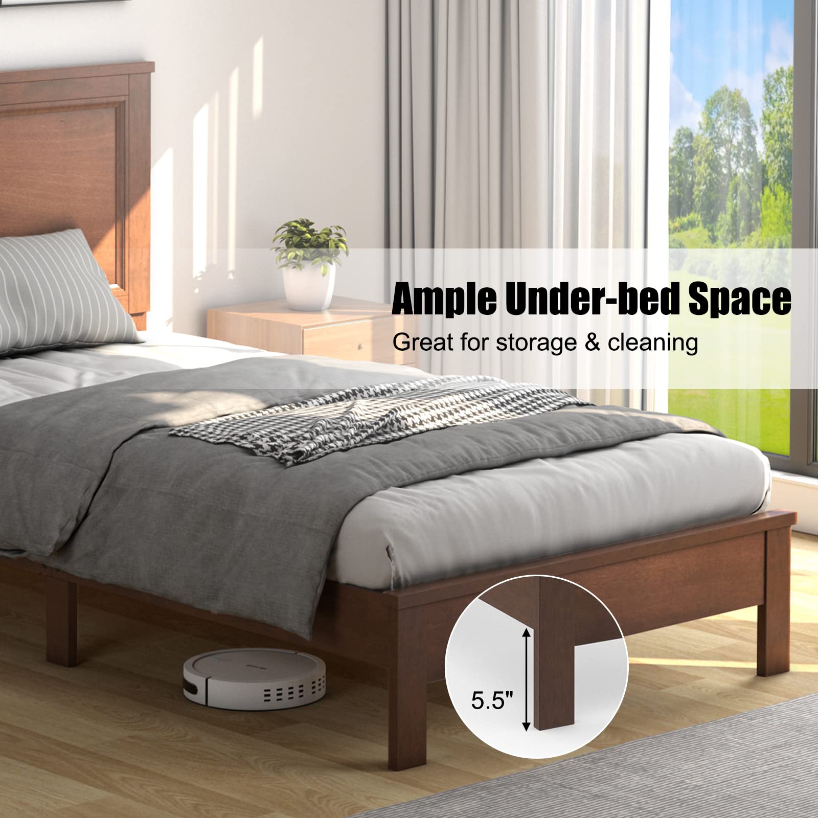KOMFOTT Twin Size Wood Platform Bed Frame with Headboard - Mid Century Modern Walnut Bed with Slat Support & Under Bed Storage - No Box Spring Needed - Perfect for Small Bedrooms, Guest Rooms & Dorm Rooms