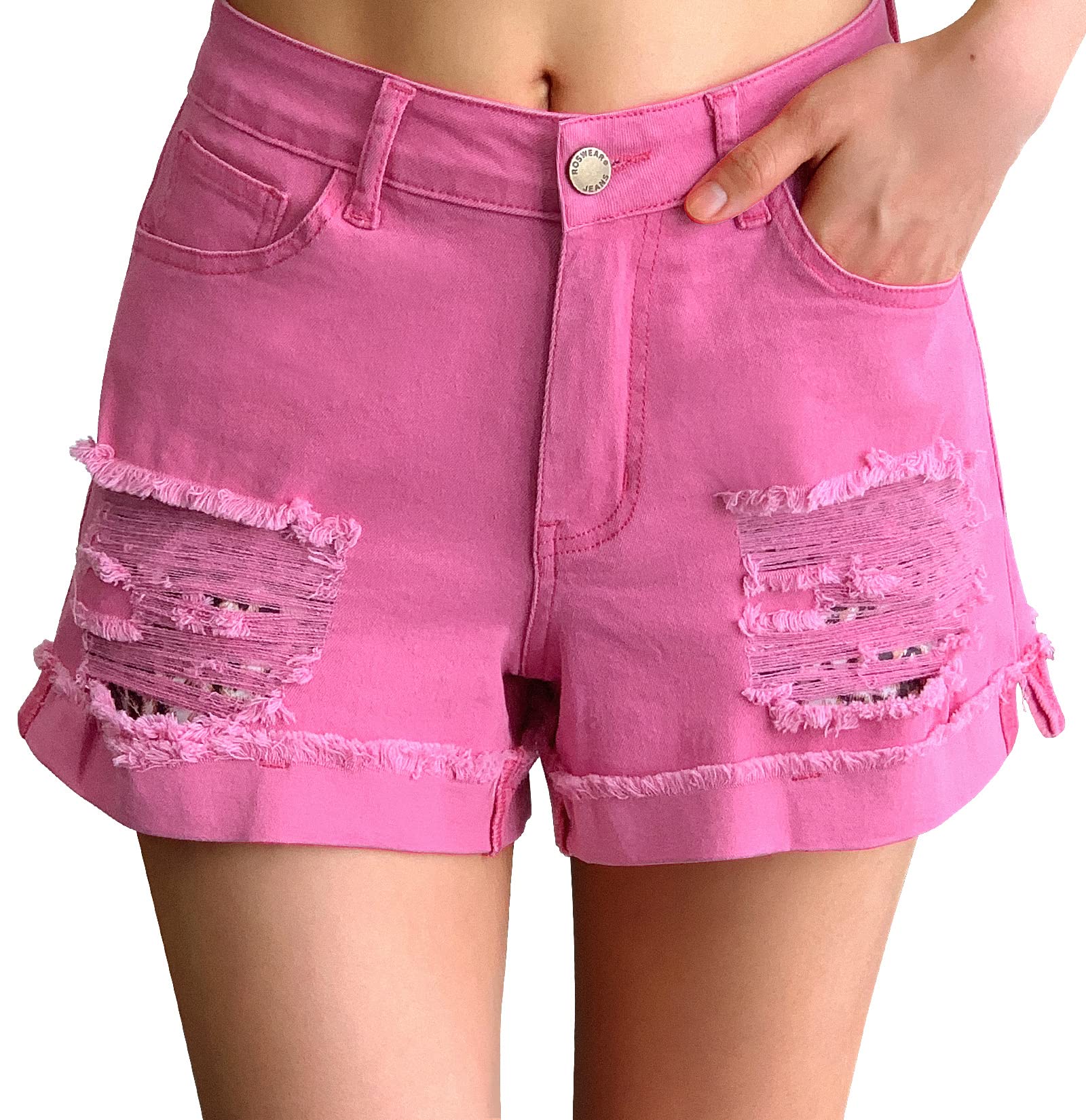 Roswear Women's Ripped Mid Rise Stretchy Denim Shorts - Comfortable Distressed Jean Shorts for Casual Wear, Summer Outfits & Street Style Fashion