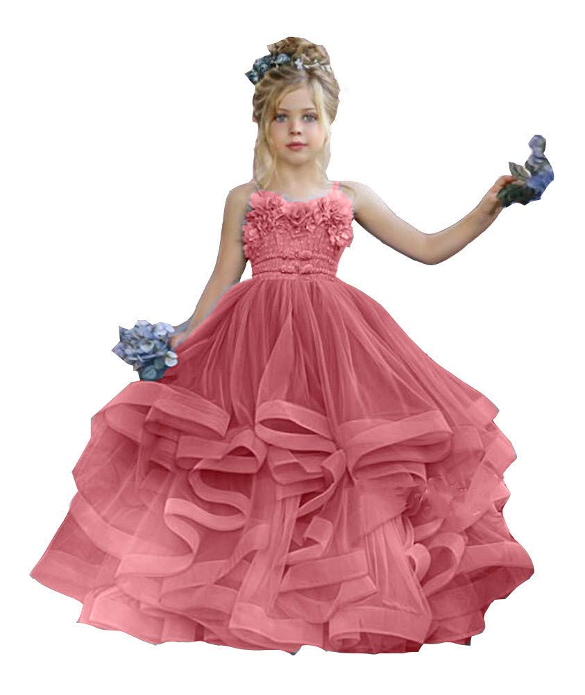 Honeydress Girls Spaghetti Strap Lace Floral Applique Tiered Skirt - A-Line Pageant Dress for Birthday Party, Flower Girl, Special Occasions (Dusty Pink)