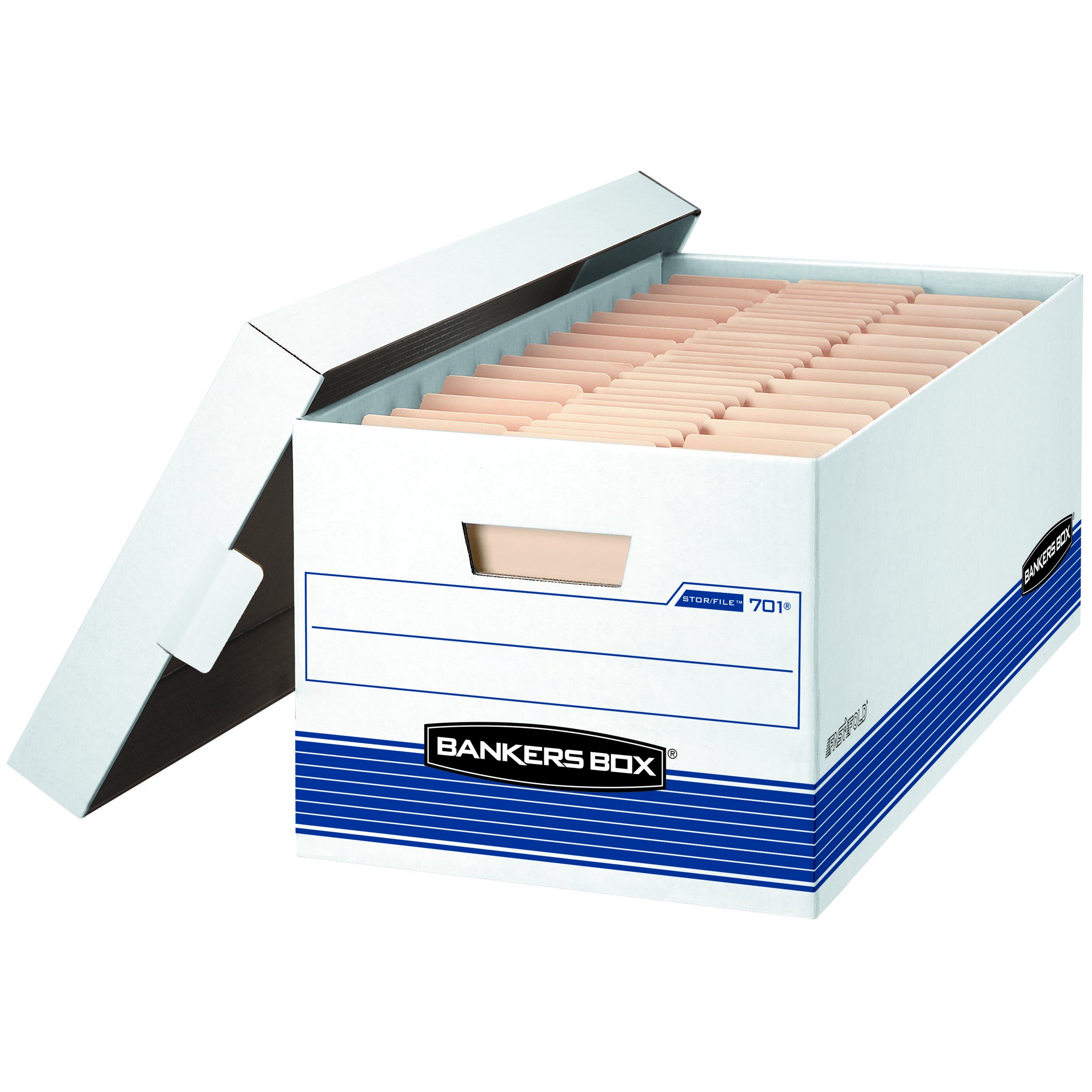 Bankers Box Letter & Legal Size File Storage Boxes - 50-Pack White & Blue Office Organizers | Perfect for Document Archiving, Office Filing & Home Organization