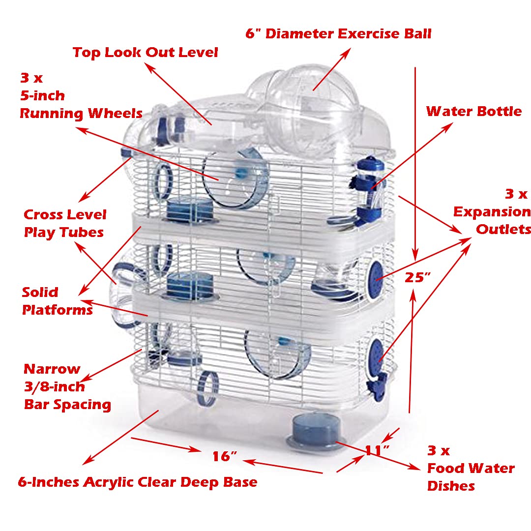 4-Floor Clear Acrylic Hamster Cage with Exercise Ball, Water Bottle & Food Bowl - Expandable & Customizable Habitat for Gerbils, Mice & Rodents - Perfect for Small Pet Homes & Play Areas