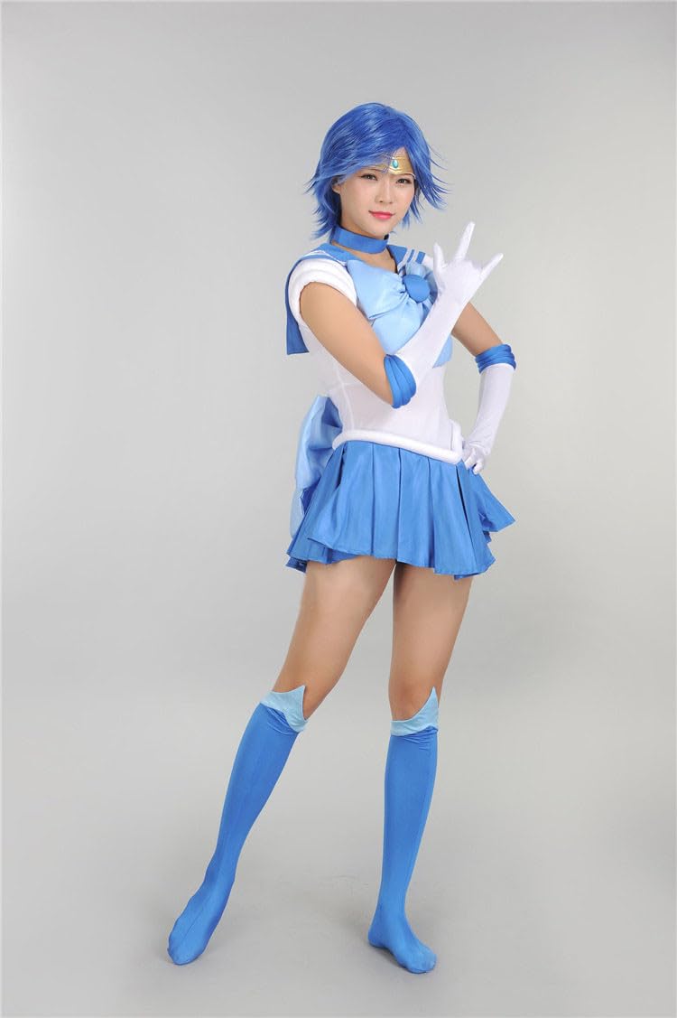 Anime Mercury Cosplay Blue Wig & Sky Blue Dress Suit - Women's Halloween Costume for Cosplay, Conventions & Themed Parties
