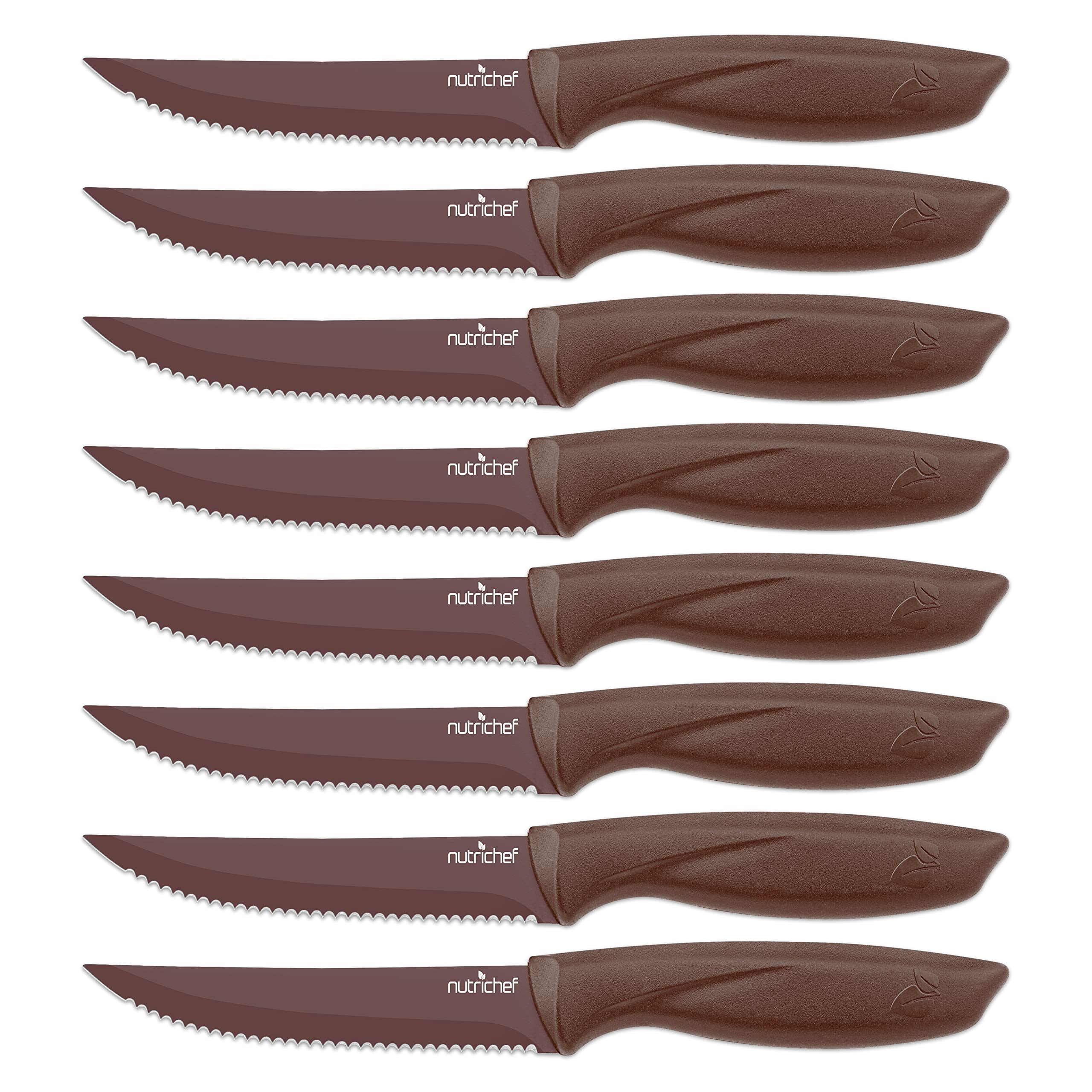 NutriChef 8-Piece Stainless Steel Kitchen Knife Set - Ergonomic Non-Stick Multi-Purpose Knives with Serrated Blades for BBQ, Grilling & Food Prep - Durable Unbreakable Steak Knives (NCSK8BW, Brown)
