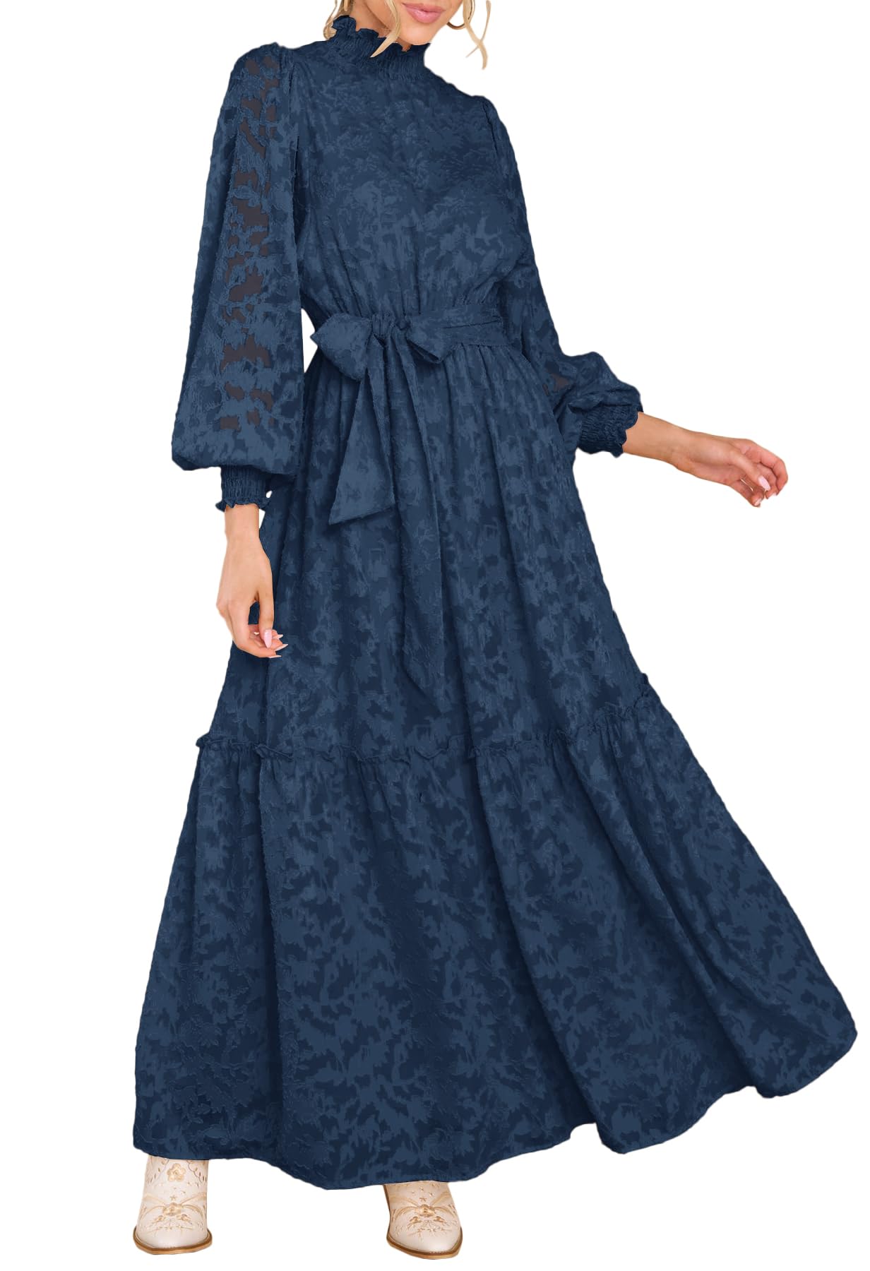 Elegant Floral Print Women's Fall Maxi Dress with High Neck, Long Sleeves & Elastic Waist - Formal Occasion Wear for Weddings, Parties & Office Events
