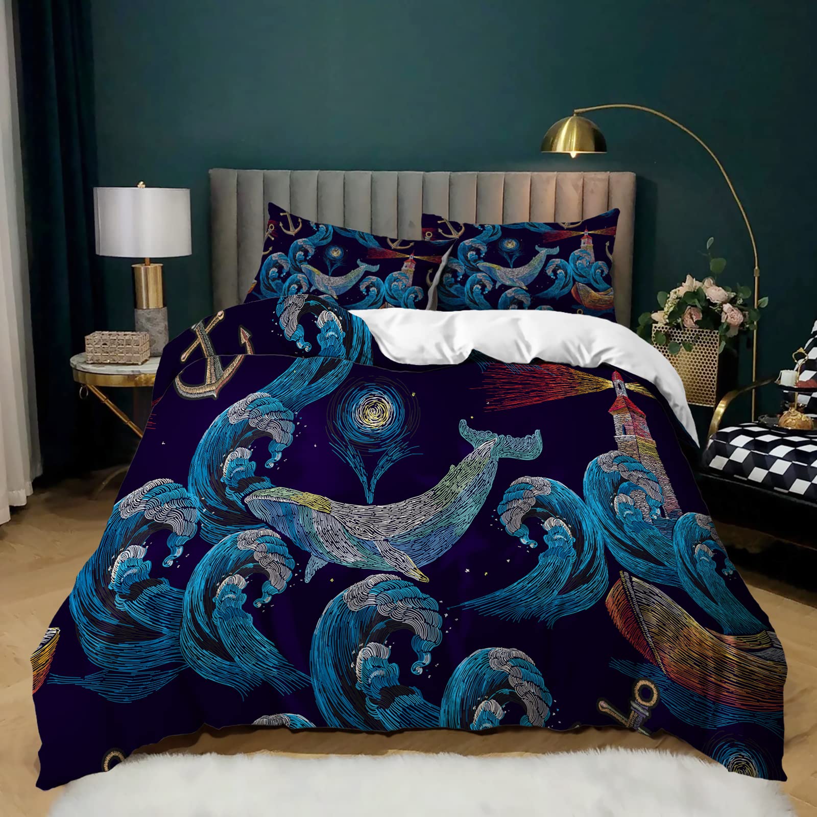 AILONEN Nautical Anchor Duvet Cover Twin Size - Ocean Themed Bedding Set for Kids & Teens Boys Girls - Sea World Comforter Cover with 18 Pillow Shams & Zipper Closure - Perfect for Coastal Bedroom Decor & Themed Kids' Rooms