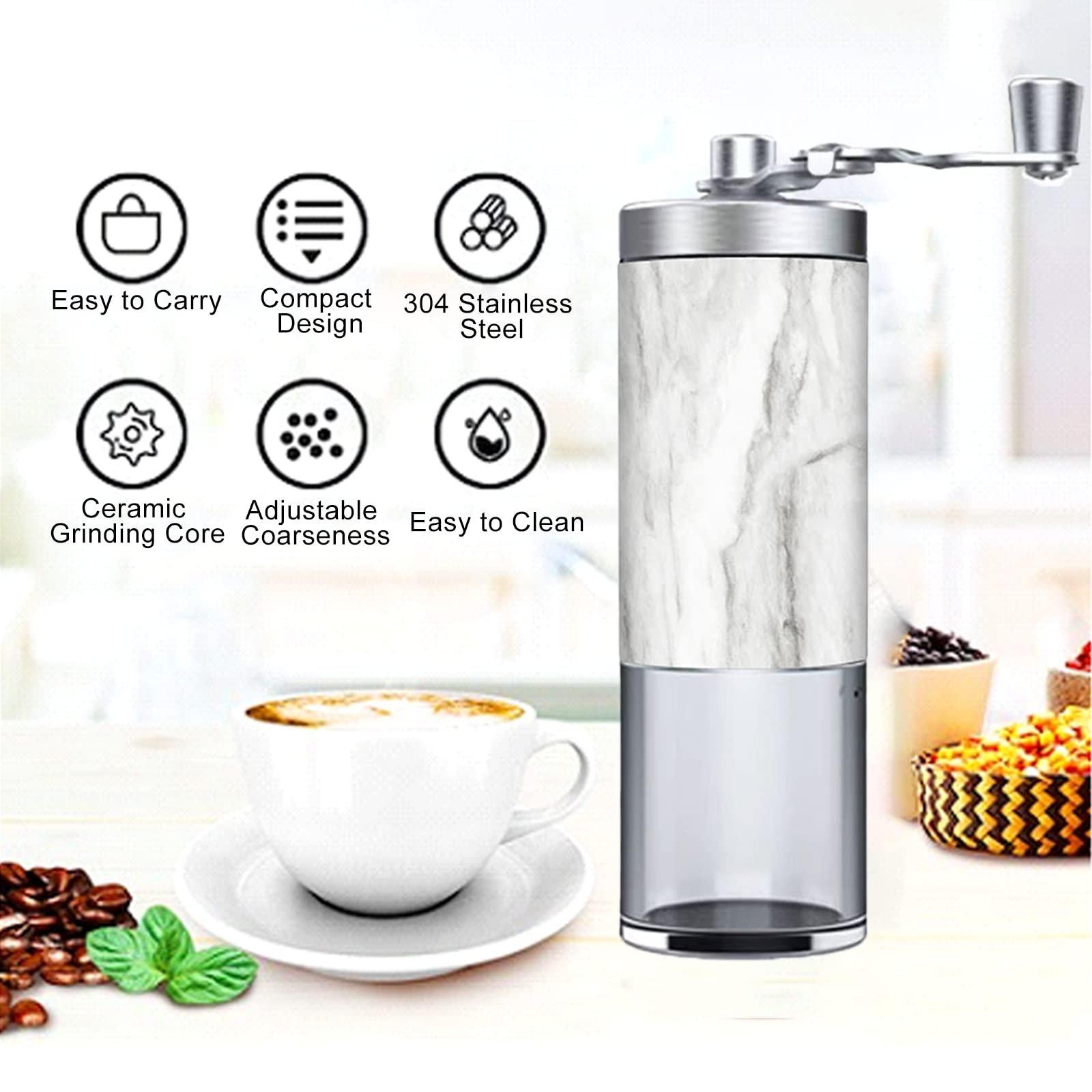 Premium Manual Coffee Grinder - Adjustable Stainless Steel Hand Mill for Coffee Beans - Perfect for Camping, Home & Office Use - Marble White - Enjoy Fresh Ground Coffee Anywhere