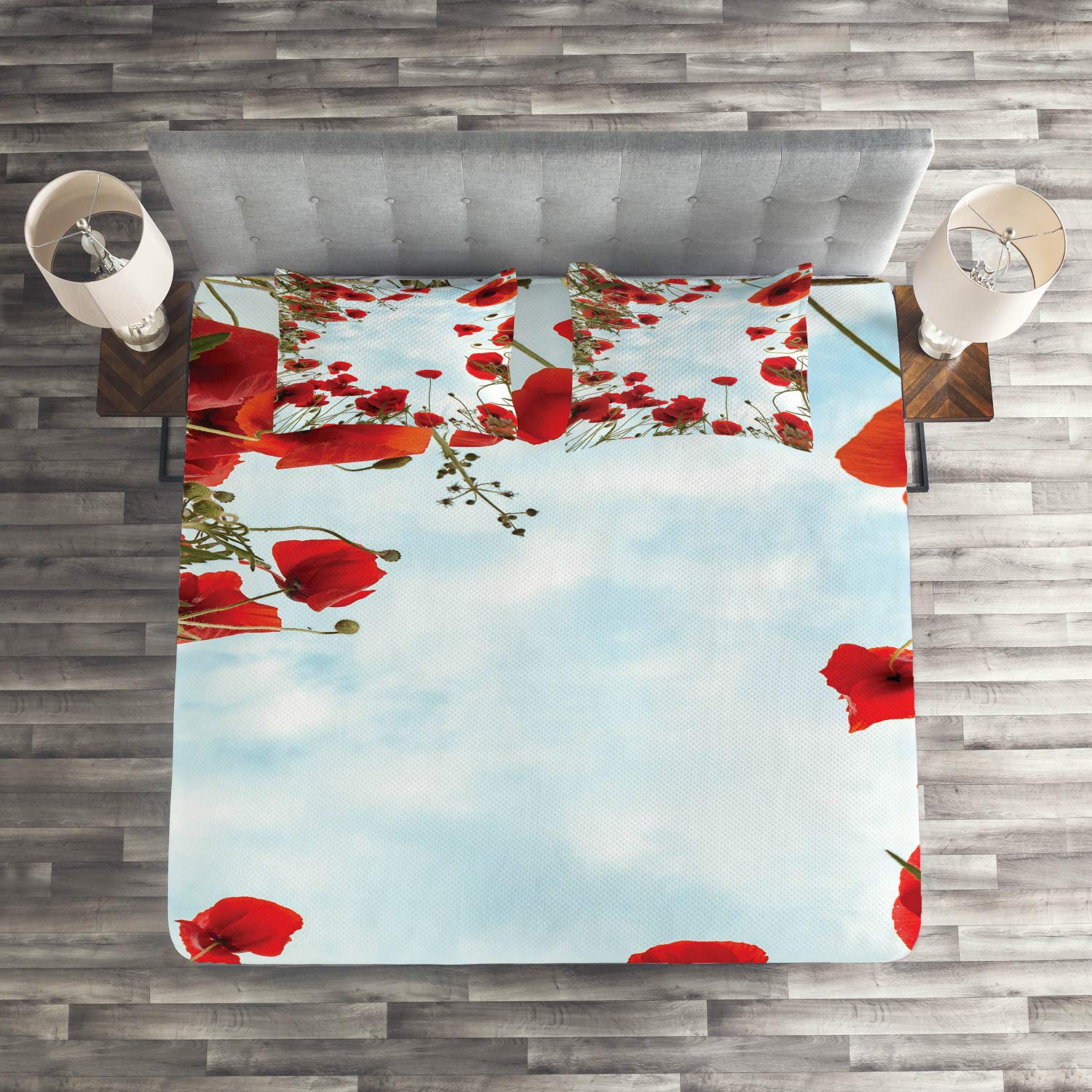 Ambesonne Poppy Flower Quilt Set - King Size 3-Piece Bedspread with 2 Pillow Shams, Vermilion & Pale Blue Meadow Floral Design for Cozy Bedroom Decor | Perfect for Master Bedroom, Guest Room & Farmhouse Style Homes