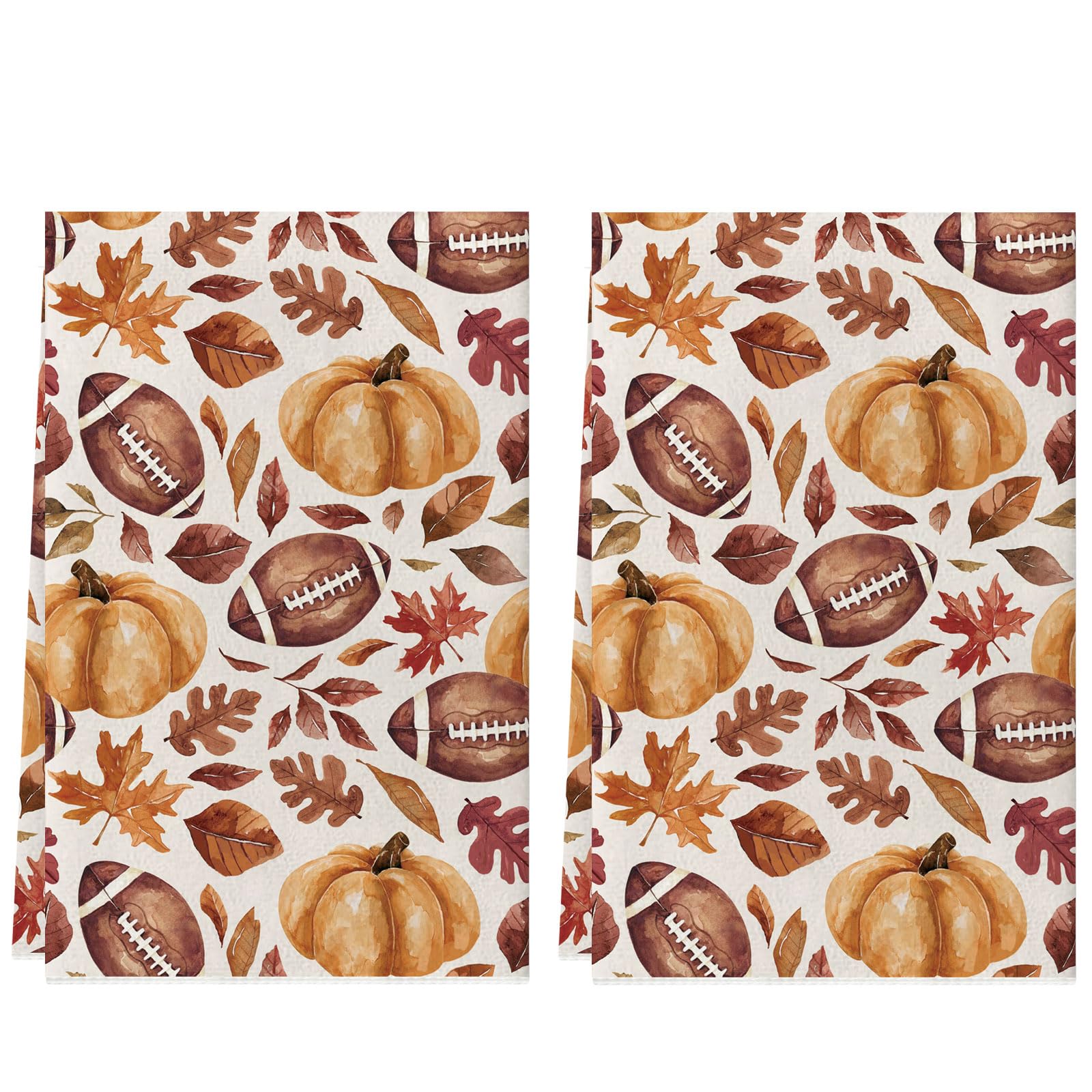 Fall Football Maple Leaf Pumpkin Kitchen Towels - Set of 2 (18x26 Inch) | Autumn Decor Dish Towels & Hand Towels for Thanksgiving, Football Parties & Seasonal Home Decor