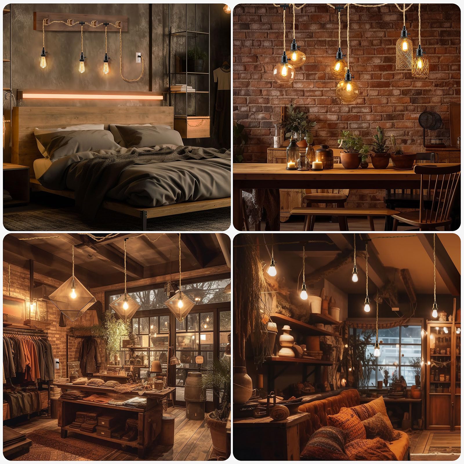 3 Light Plug-in Pendant Light Cord - 25FT Hanging Lights with Plug-in Cord & 2-Way Switch - Hemp Rope Farmhouse Pendant Light Kit for DIY Home Decor - Perfect for Kitchen Islands, Dining Rooms, and Bedroom Lighting