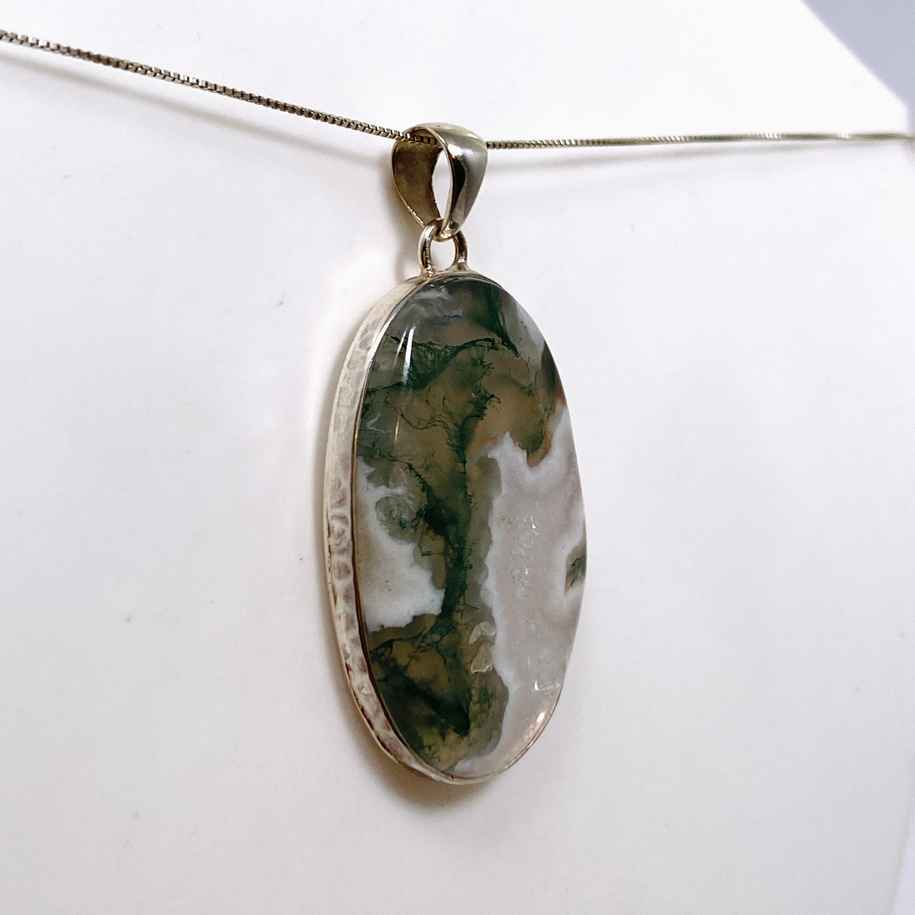 Natural Moss Agate Oval Cabochon Pendant in Handmade Hammered Sterling Silver Setting KPGJ4708 - Perfect for Boho Jewelry, Spiritual Healing & Gift Giving